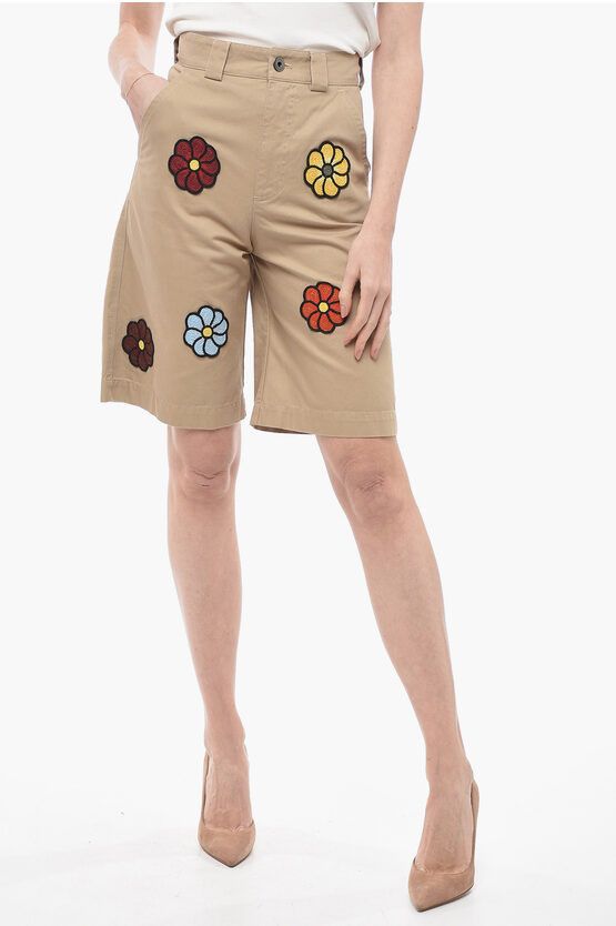 image of Moncler Jw Anderson Coated Cotton Bermuda Shorts With Crochet Patche in Beige, Women's (Size 26)