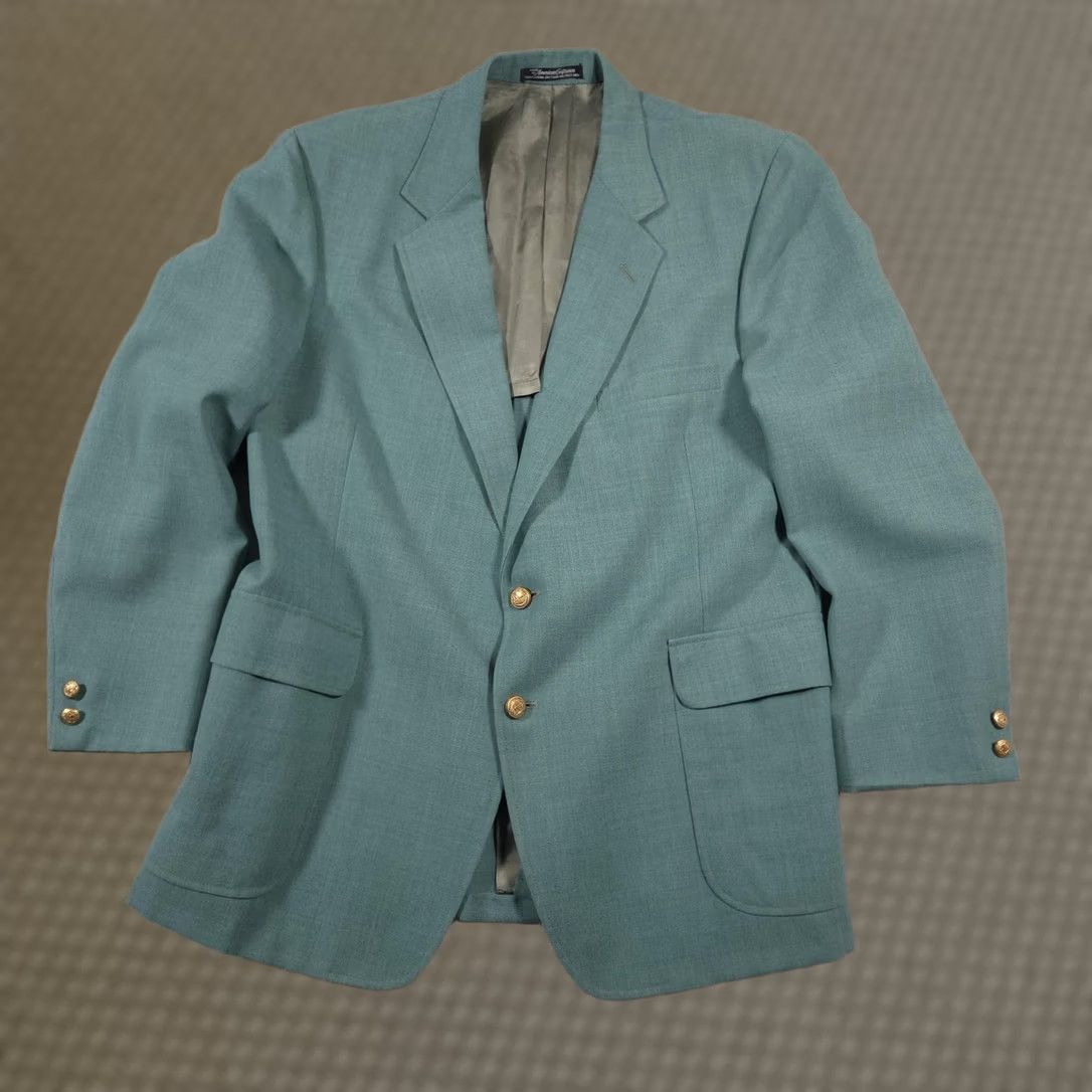 Vintage Forbes Blazer Mens Teal Green 2 Button Sport Coat Gold Crest Buttons Single Vent Front Notch Lapel 43 Regular Men’s Jacket Size 46R - 1 Thumbnail