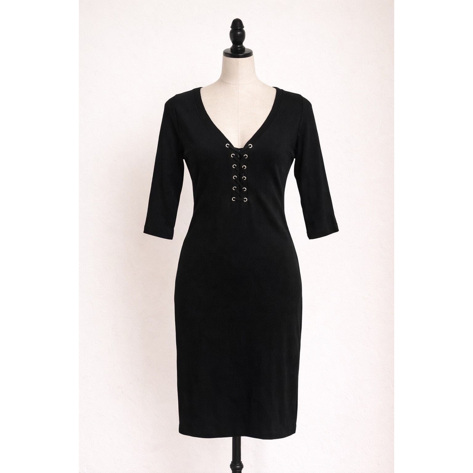 MONROW Monrow Black Lace-Up V-Neck Midi Dress Women’s Medium Stretc Size M / US 6-8 / IT 42-44 - 1 Thumbnail