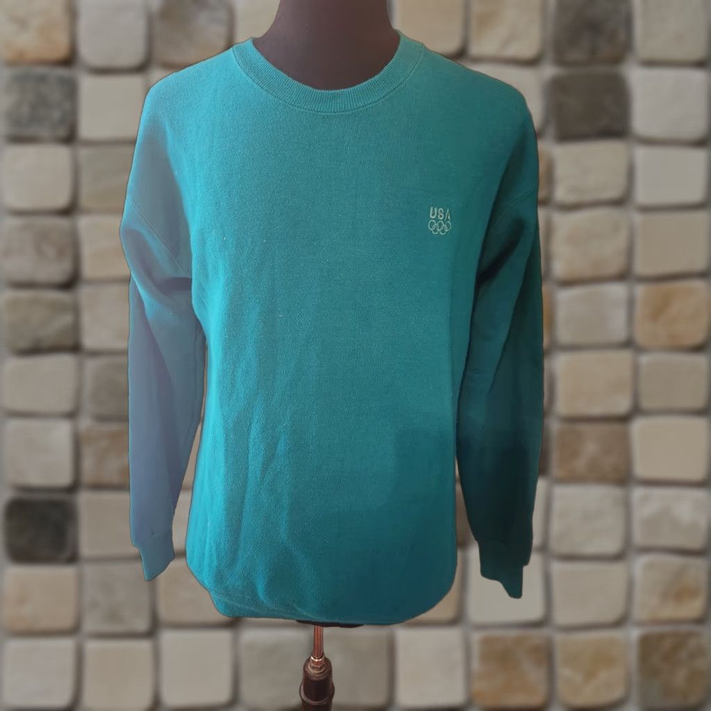 JCPenney VINTAGE J. C. Penney Team USA Teal Embroidered Sweatshirt Size LT Tall Mens 90s Pullover Crew Neck Blue Cotton Polyester Embroidered Breathable Size US L / EU 52-54 / 3 - 1 Thumbnail