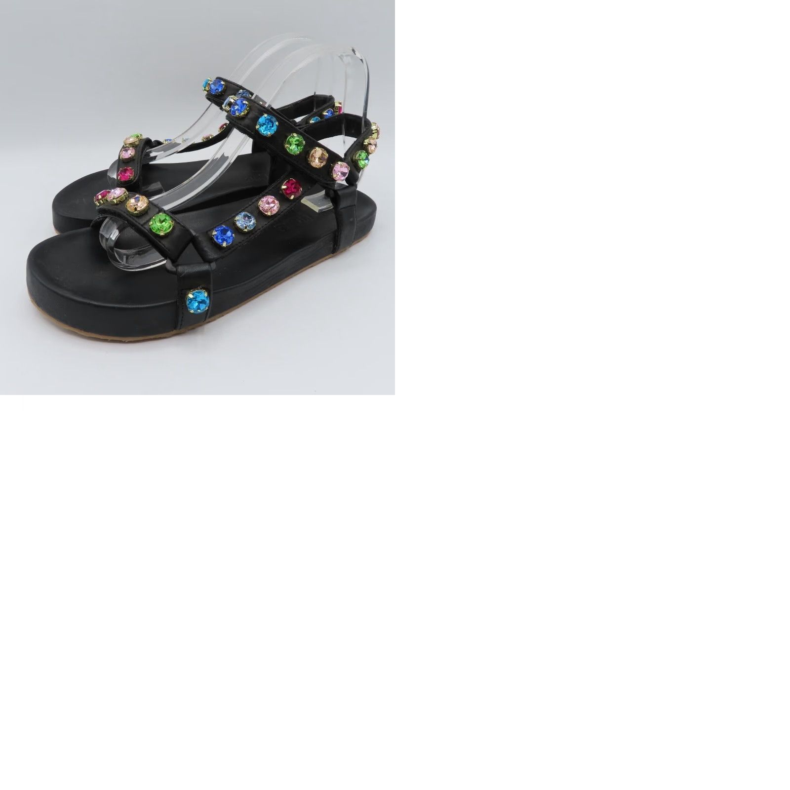 Rainbow Mystique Stephanie Gottlieb Women Sandal 8 Rainbow Rhinestone Hook Loop Leather Black Leather Sandals Womens Shoes Size US 8 / IT 38 - 9 Thumbnail