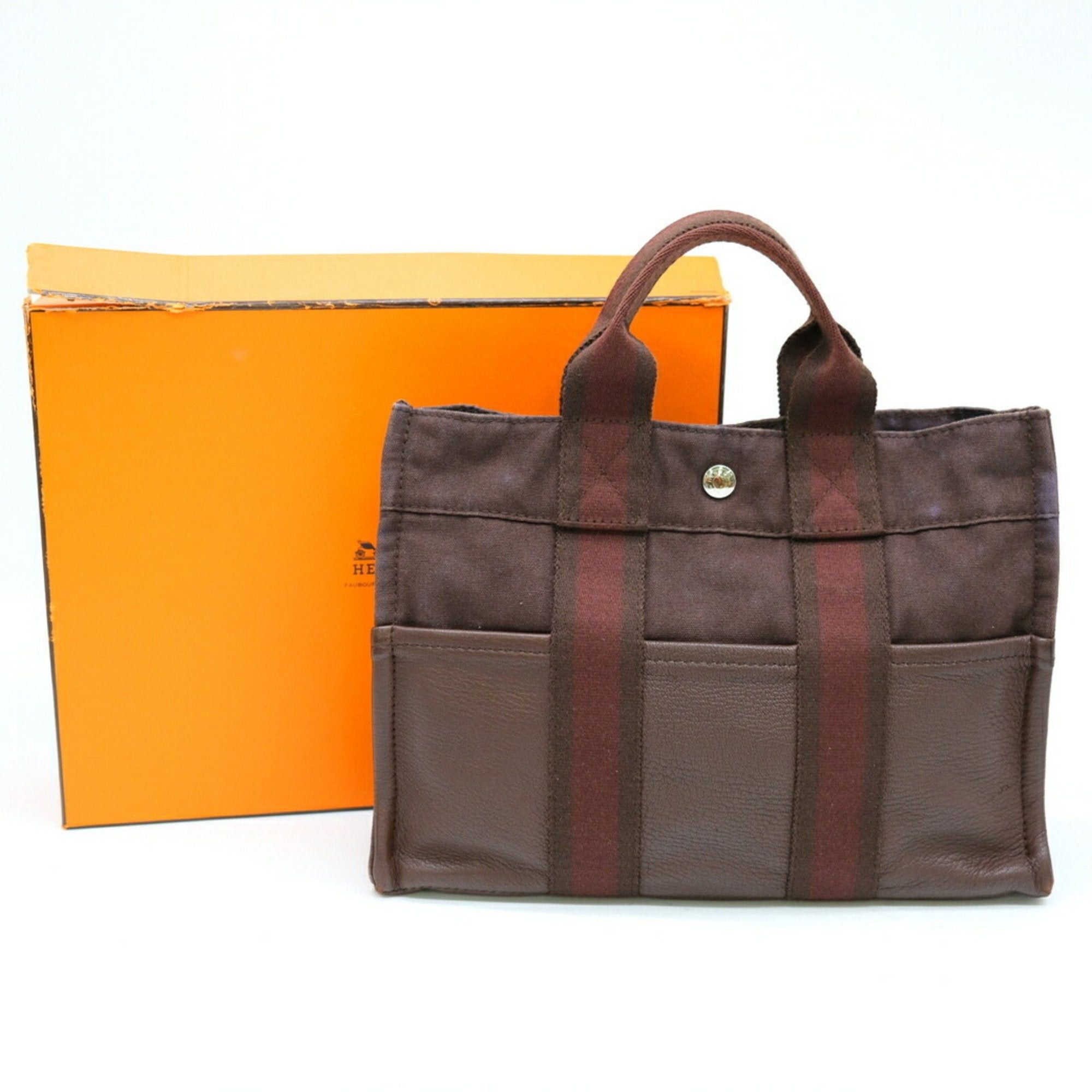 image of Hermes Foult Tote Bag Pm Half Leather Brown Reddish Canvas, Women's