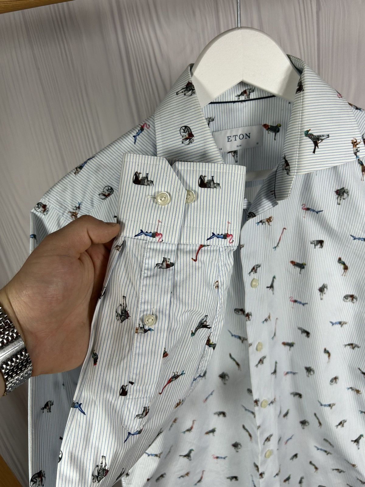 Eton ETON Blue Stripe Animal Print Shirt Size 38/15 Size US S / EU 44-46 / 1 - 5 Thumbnail