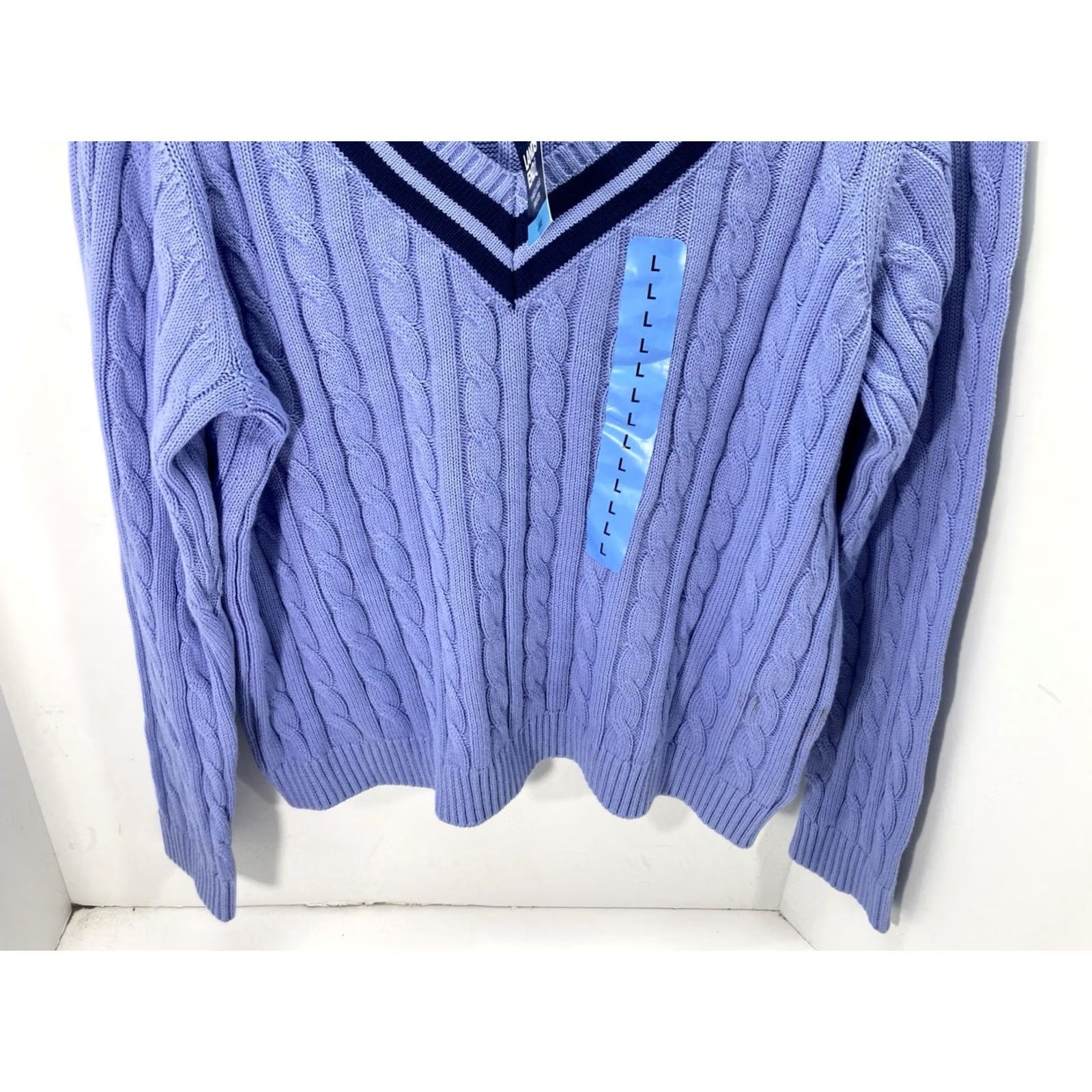 Lands' End Lands' End V Neck Cable Sweater Women Large Blue Long Sleeve Pullover Cotton NWT Size L / US 10 / IT 46 - 3 Thumbnail