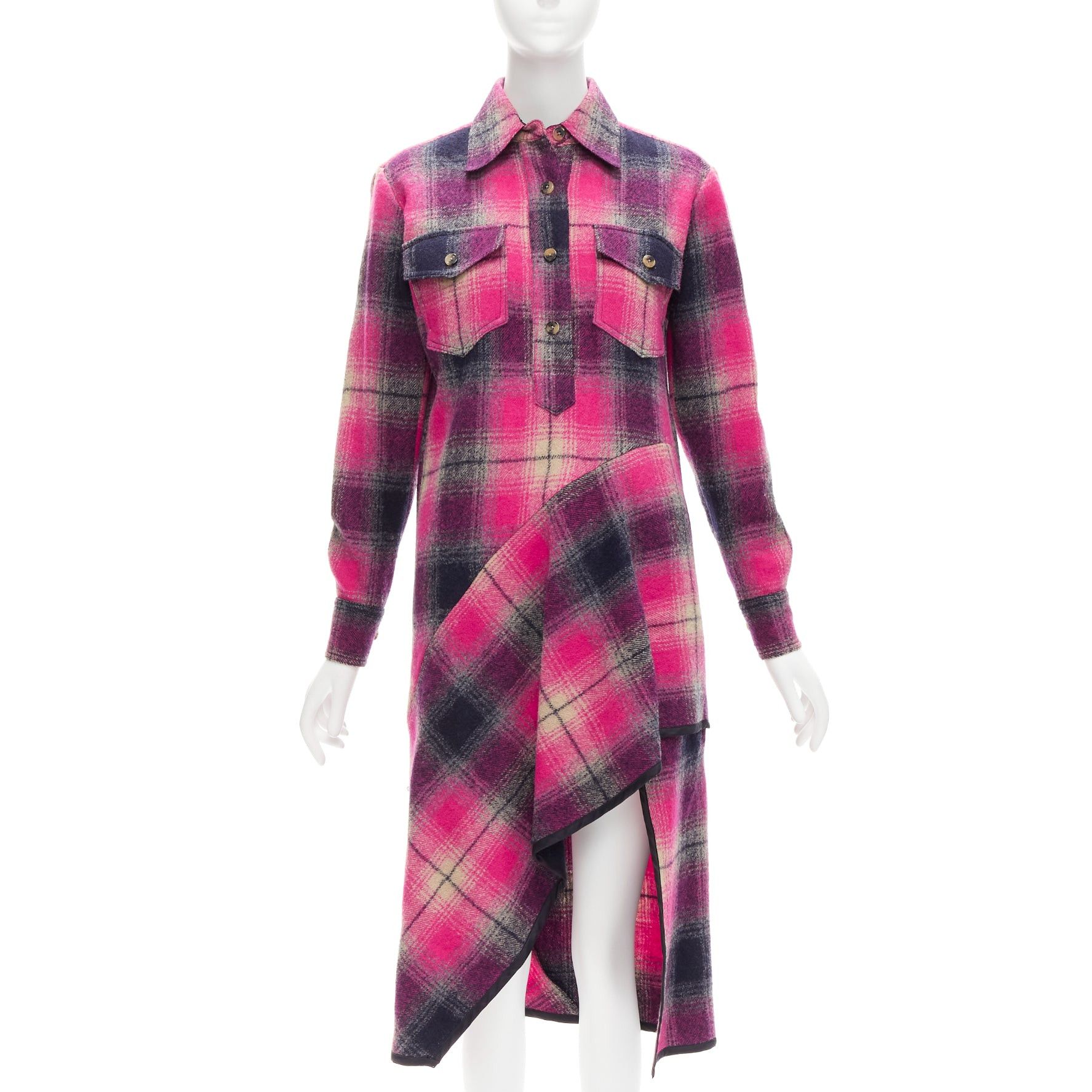 image of Dries Van Noten 100% Wool Black Pink Plaid Bias Splice Hem Dress Fr34 Xs, Women's