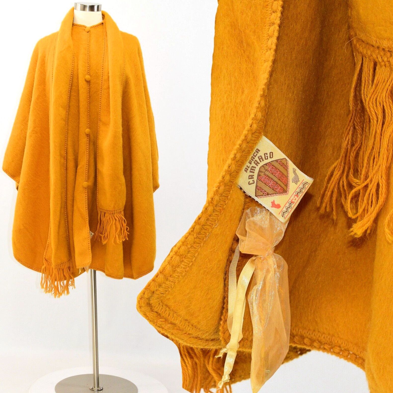 image of Vintage Womens Alpaca Camargo Yellow Ochre Cape One Size in White