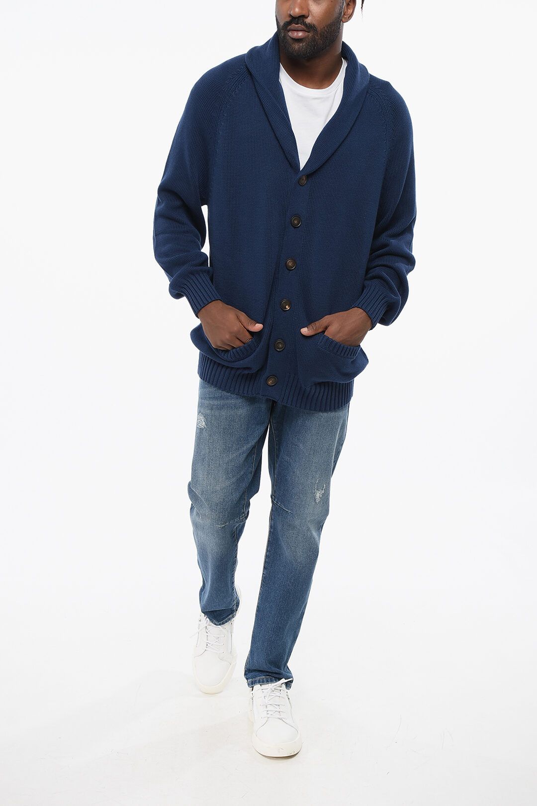 Brunello Cucinelli og1mm0725 Shawl Neck Pure Cotton Cardigan in Blue Size US XL / EU 56 / 4 - 4 Thumbnail