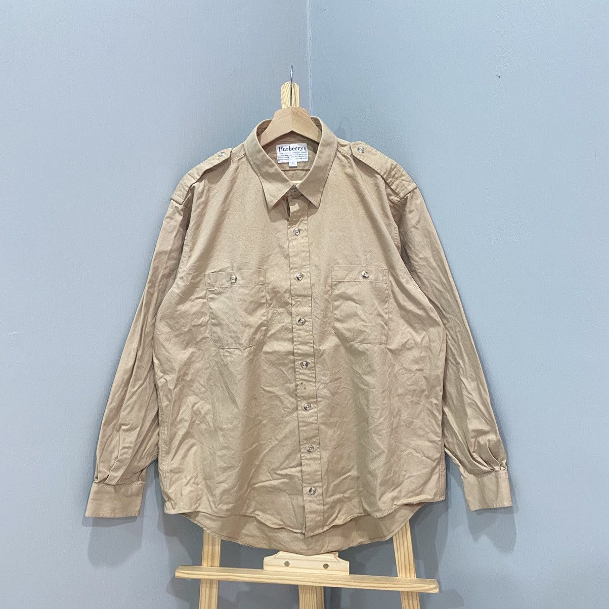 Burberry Vintage Burberrys Khaki Military Safari Work Shirt Epaulets Size US XL / EU 56 / 4 - 1 Thumbnail