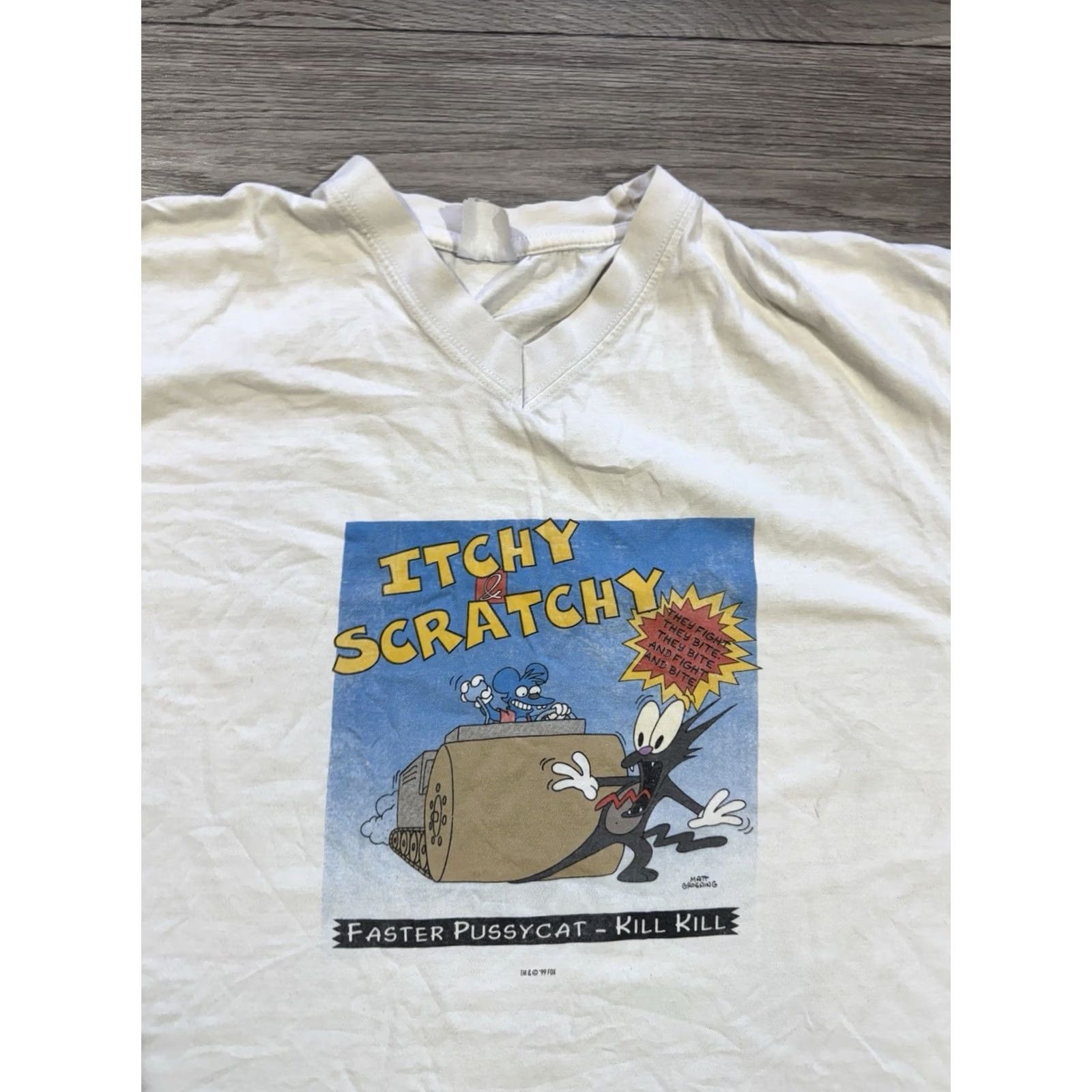 Vintage VINTAGE The Simpsons Itchy & Scratchy FASTER PUSSYCAT KILL KILL TM FOX XL Shirt Mens White 1999 8/10 Stains Size US XL / EU 56 / 4 - 7 Thumbnail
