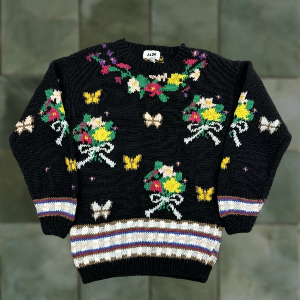 Vintage VINTAGE Jade Floral Sweater Womens M Black 90s 80s Flower Pullover Knit Easy Cute Fun Womens Size M / US 6-8 / IT 42-44 - 1 Thumbnail
