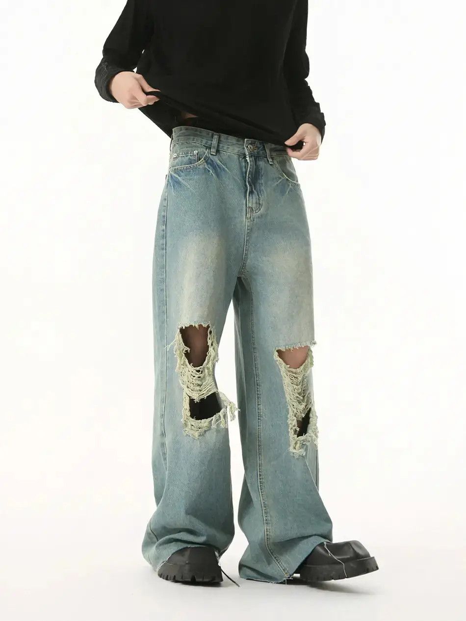 Japanese Brand Retro tassel ripped straight leg jeans Size US 32 / EU 48 - 3 Thumbnail