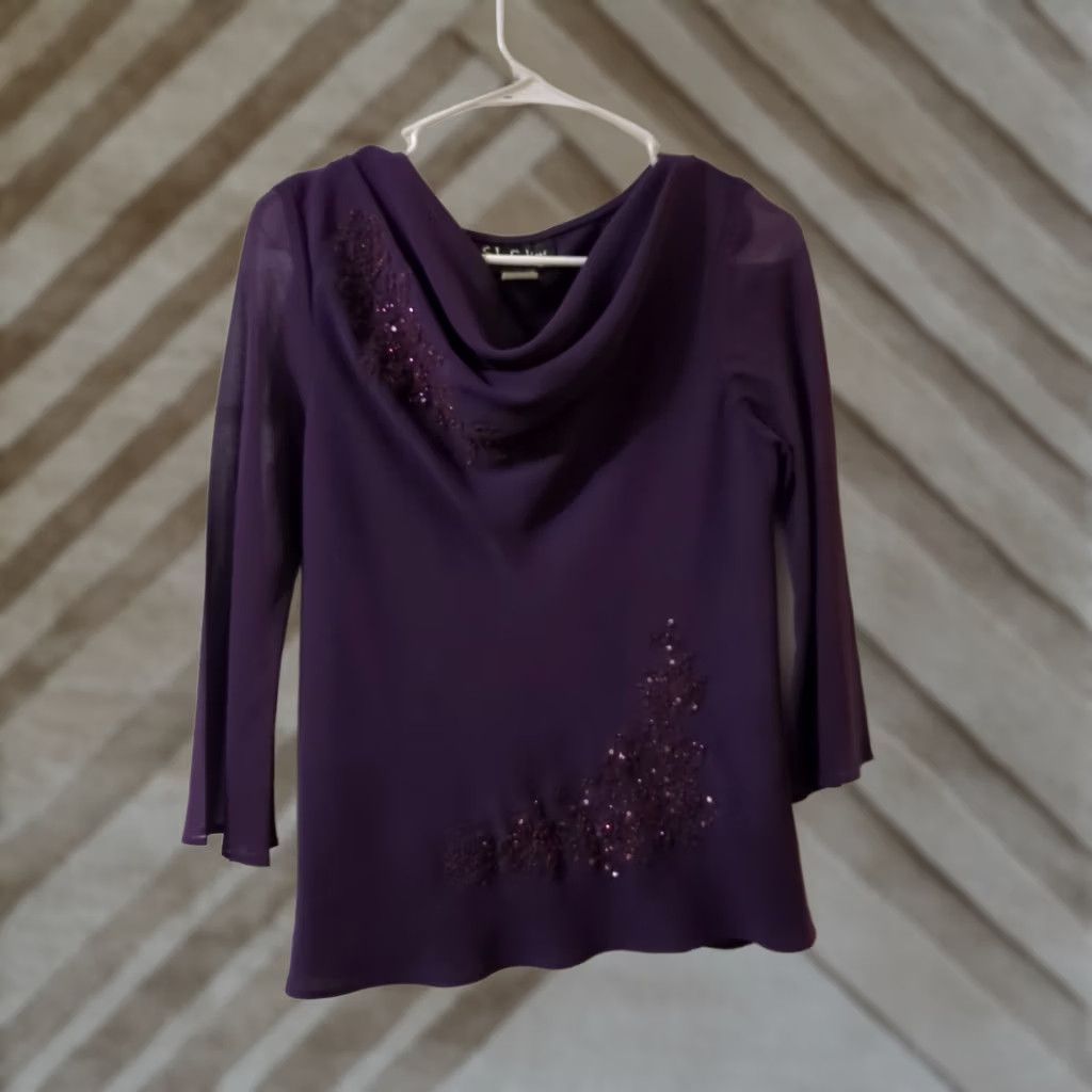 Vintage S.L. Fashions Blouse Top Purple Purple 6 3/4 Sleeve Cowl Neck Beaded Chiffon Sheer Slim Adult Women Blouse Size M / US 6-8 / IT 42-44 - 1 Thumbnail