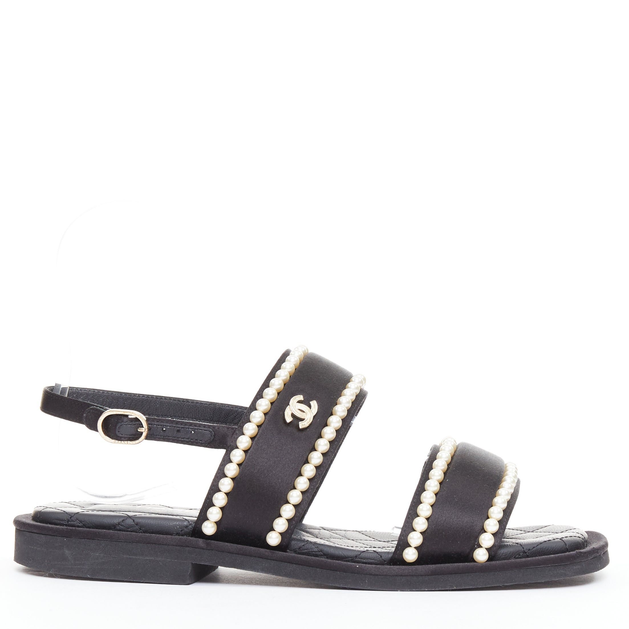 CHANEL 2022 black pearl embellished satin CC flat dad sandals EU36.5