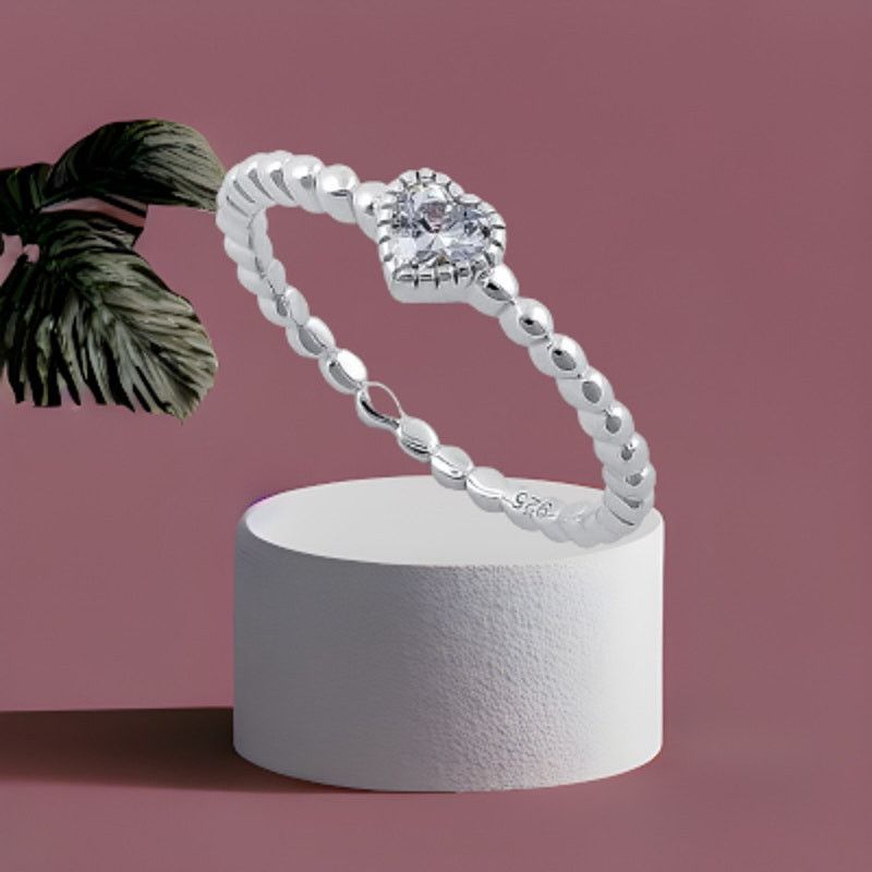 The Unbranded Brand Sterling Silver Beaded Clear Heart CZ Ring Size ONE SIZE - 8 Thumbnail
