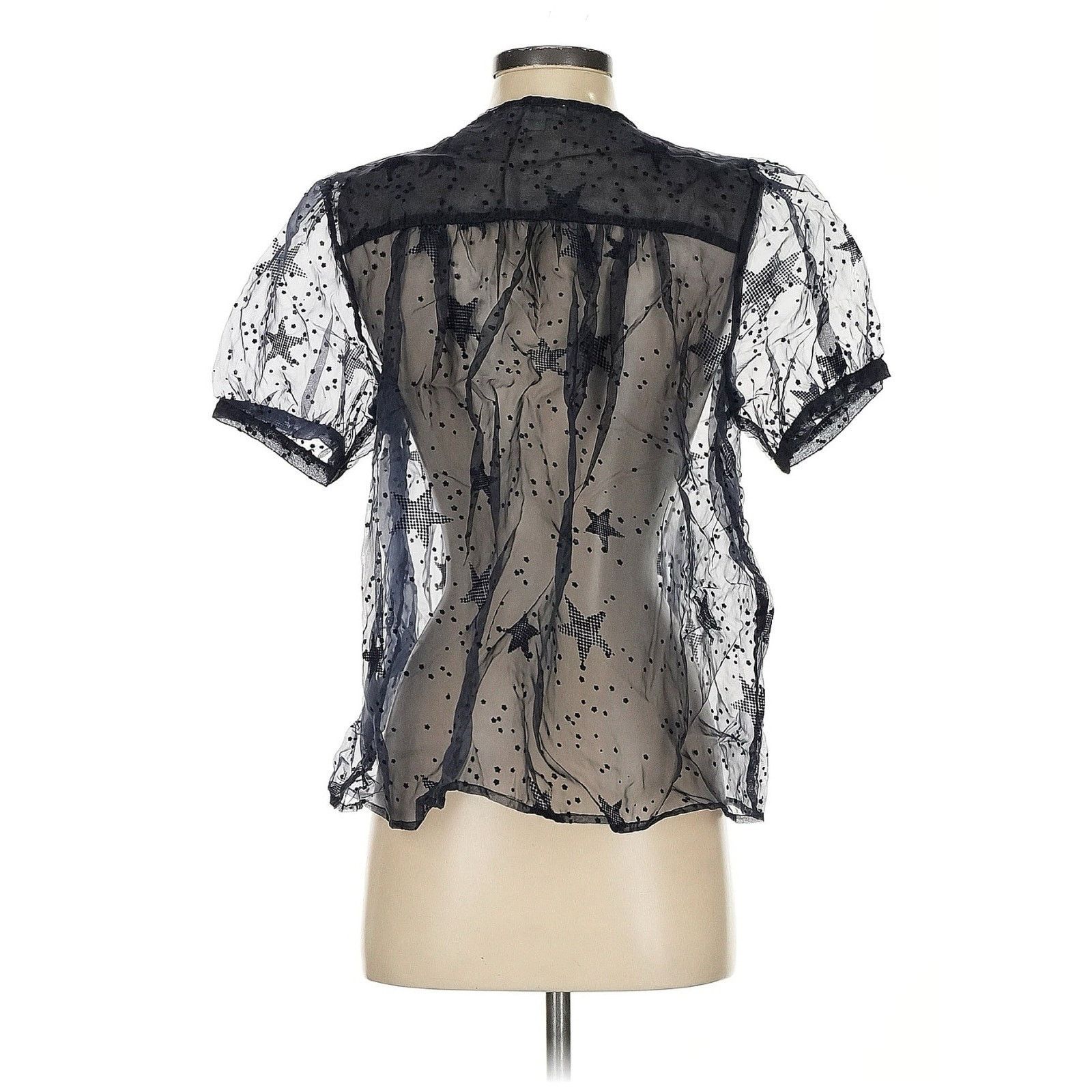 Anthropologie Let Me Be Sheer Navy Velvet Star Pattern Puff Sleeve Blouse Size S / US 4 / IT 40 - 3 Thumbnail