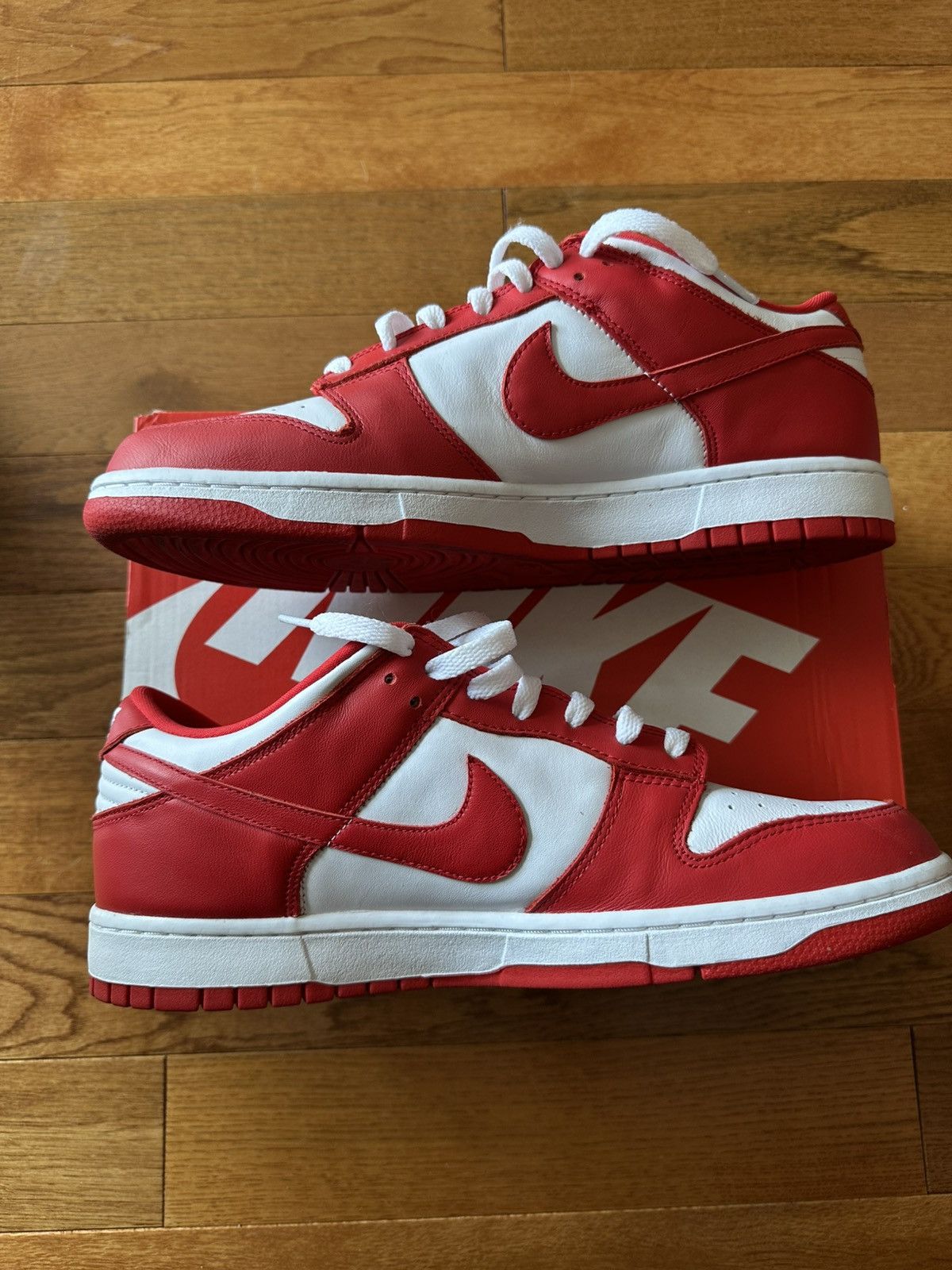 Nike Dunk Low White Red Size US 12 / EU 45 - 2 Thumbnail