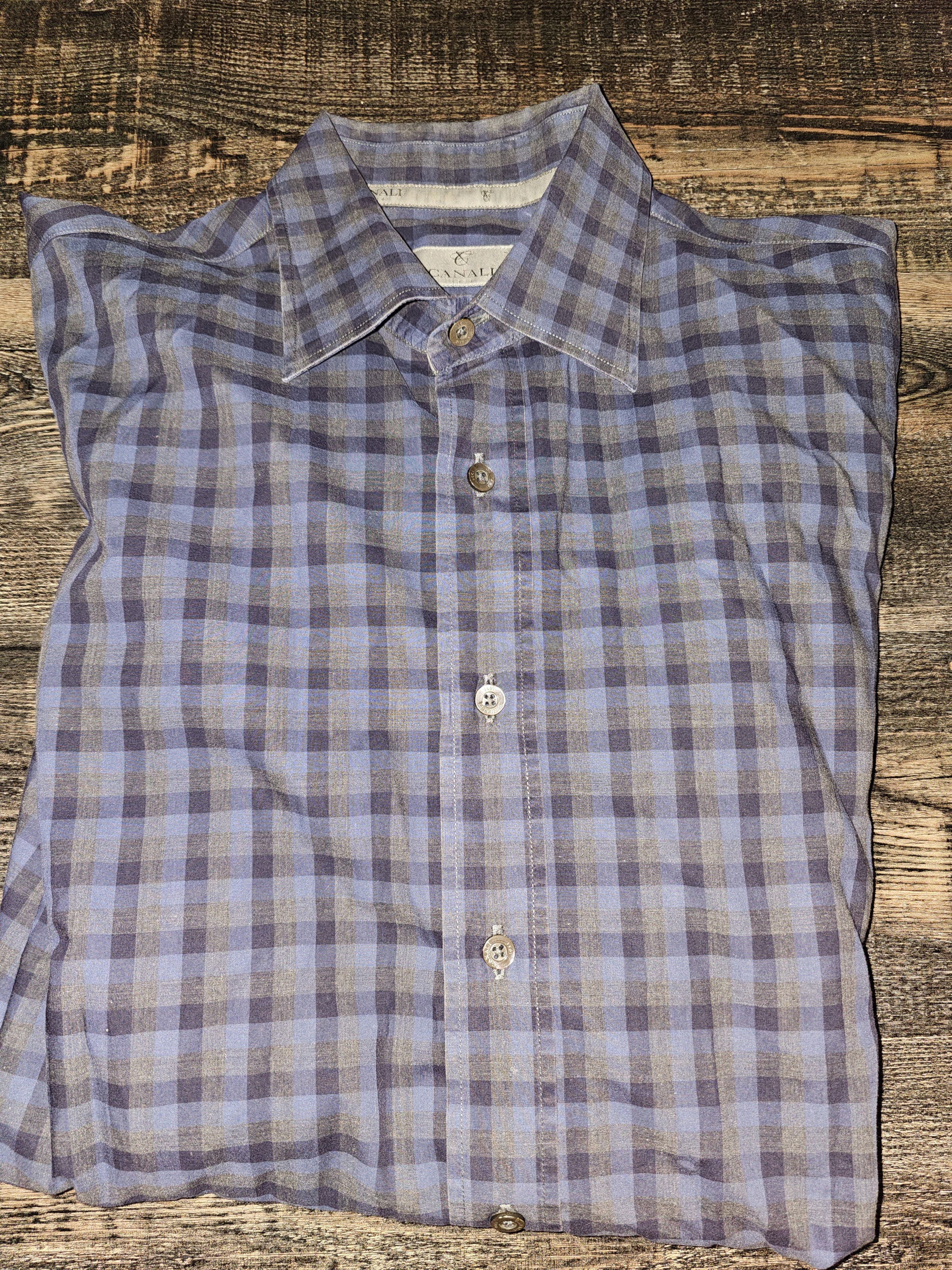 Canali Canali Blue Checkered Patterned Button up (MSRP ~$300) Size US L / EU 52-54 / 3 - 1 Thumbnail