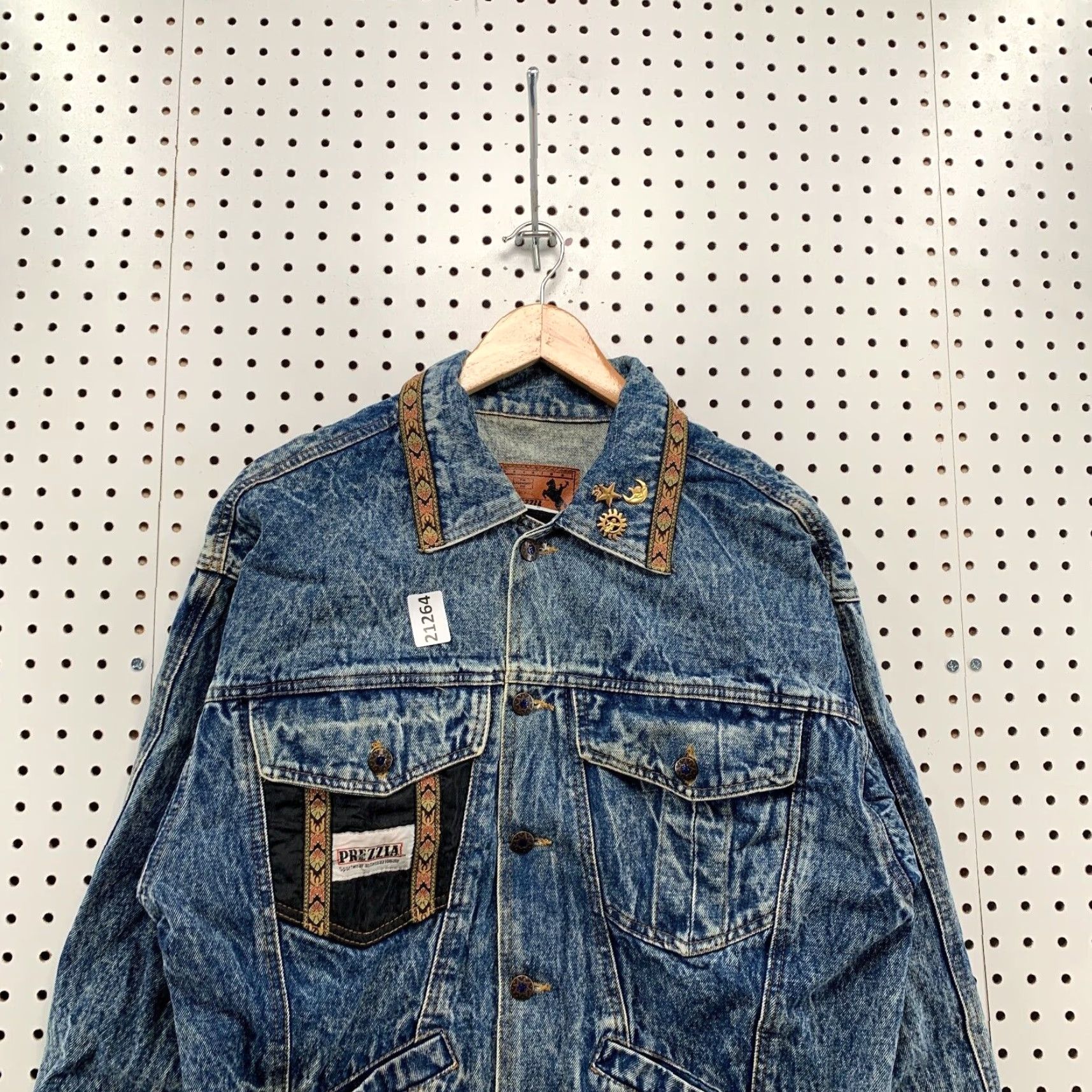 Denime VINTAGE Prezzia Denim Jacket Men Small Blue Cowboy Aztec Western Trucker 21x27 Size US 29 - 2 Thumbnail