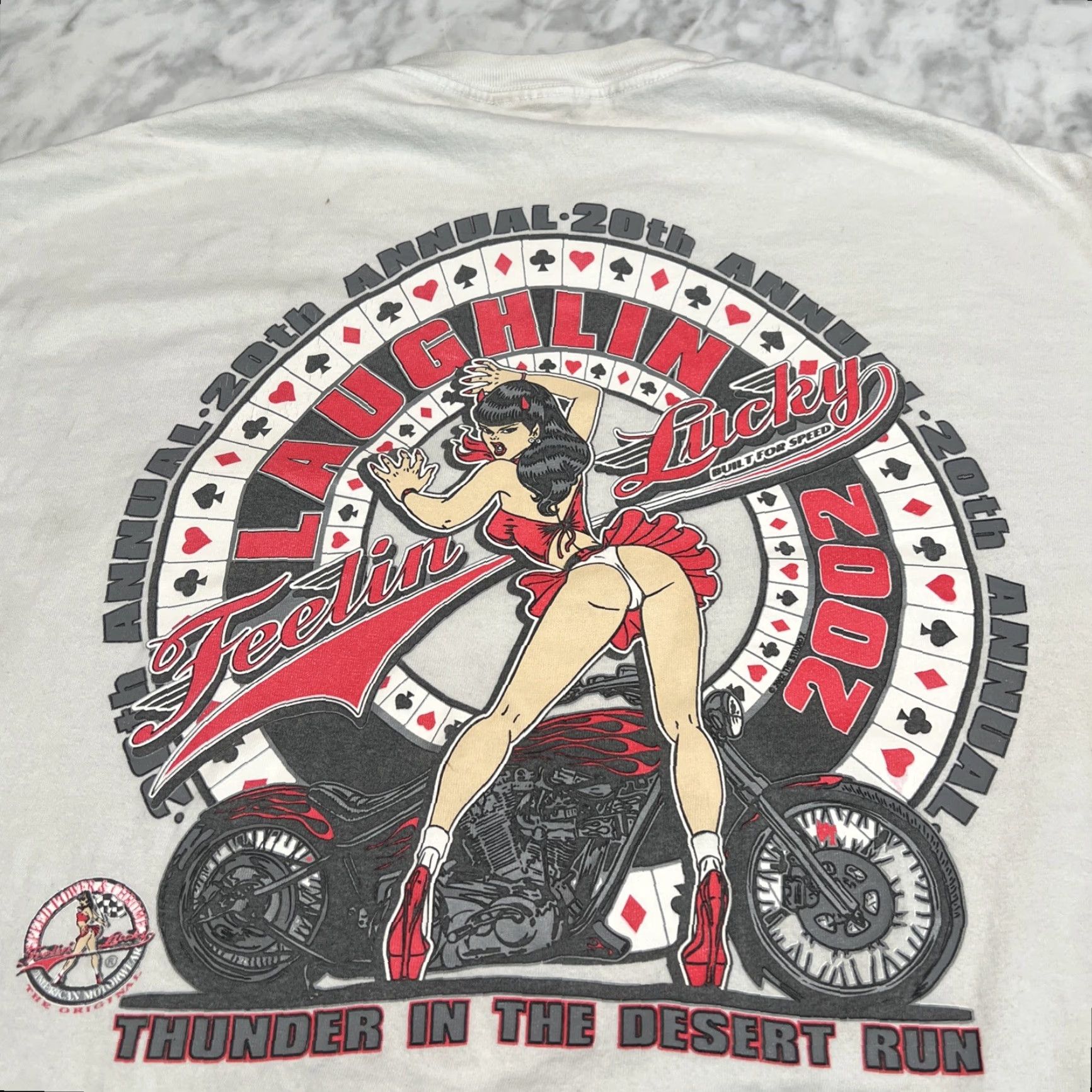Vintage VINTAGE Thunder In The Desert Run 2002 Graphic T Shirt Men’s L Full Service Pit Girl Rockabilly Cotton White 2000s Mens Size US L / EU 52-54 / 3 - 2 Thumbnail