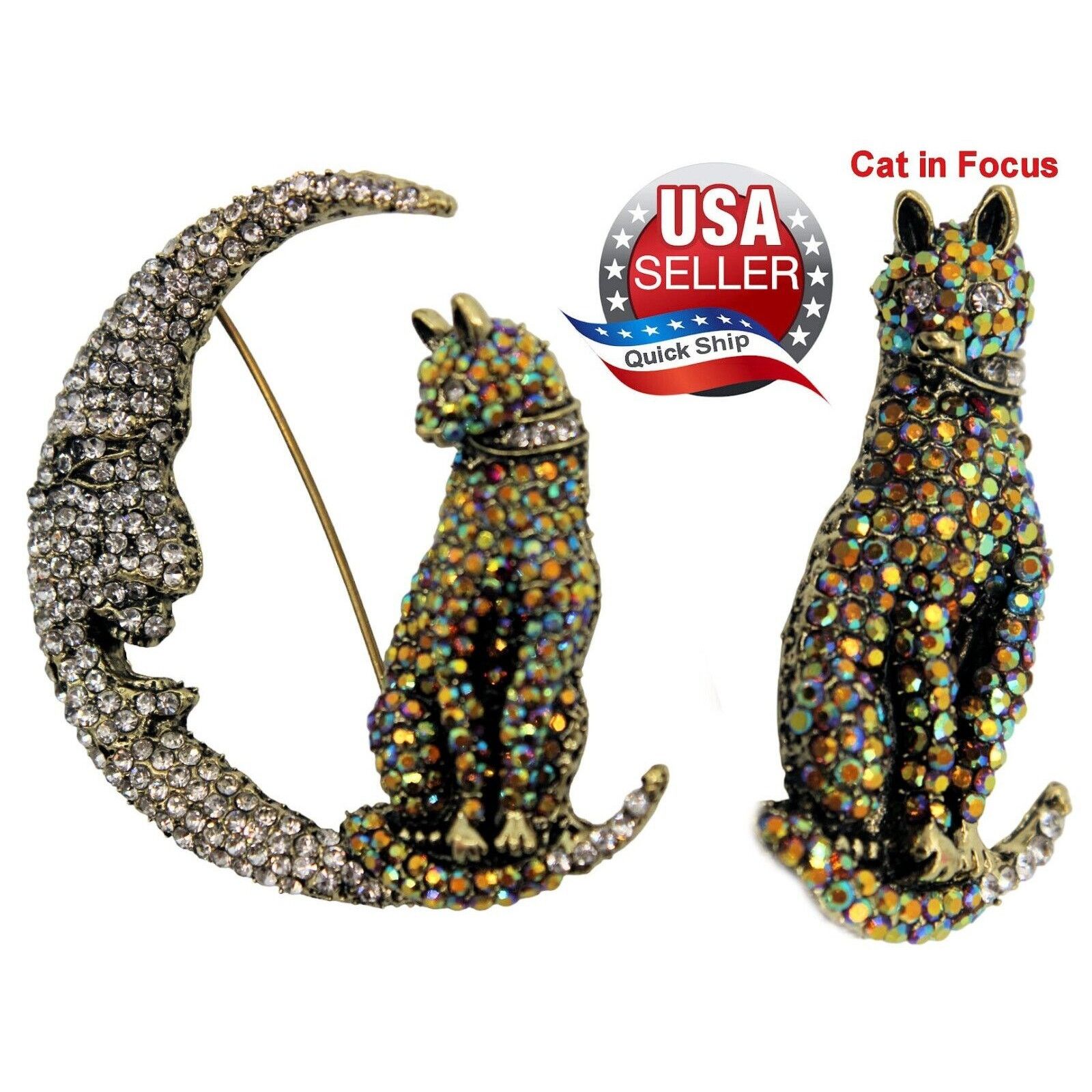 Other Man In The Moon & Cat Brooch Golden AB Pave Set Size ONE SIZE - 1 Thumbnail
