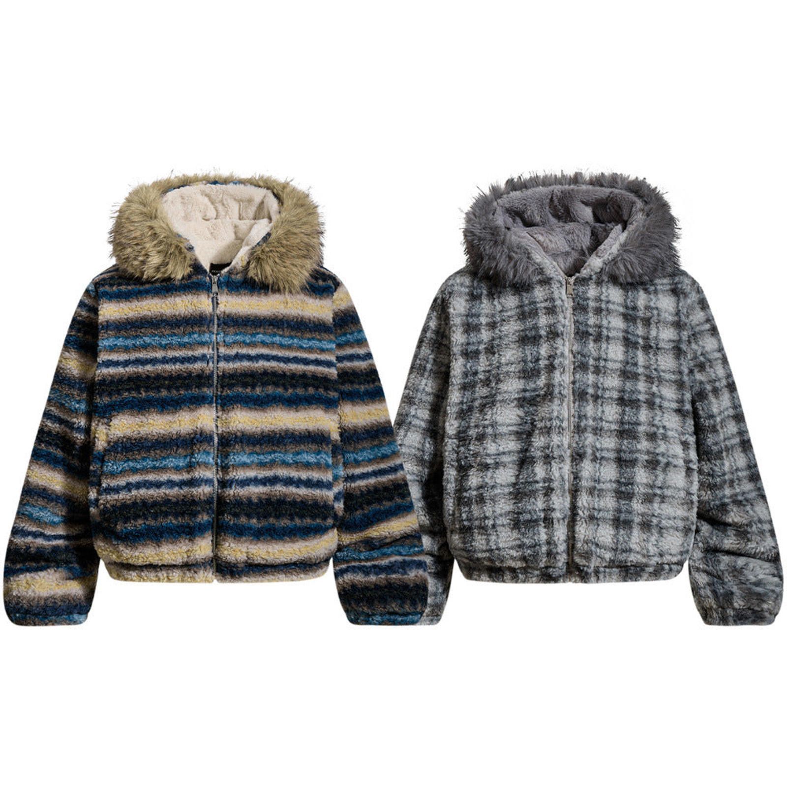Japanese Brand Striped Faux Fur Hooded Jacket, Cozy Winter Outerwear Size US M / EU 48-50 / 2 - 3 Thumbnail