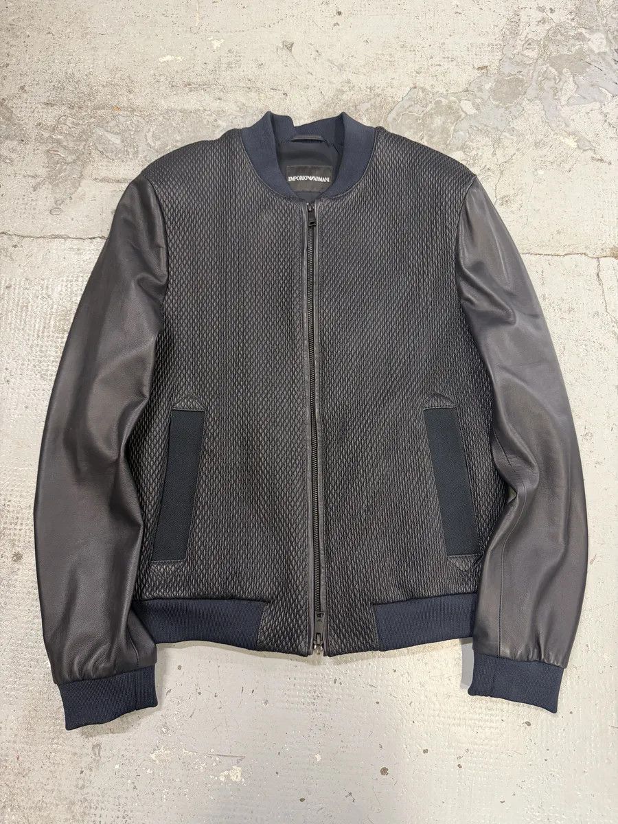 Emporio Armani AW2018 Emporio Armani Navy & Black Waffled Leather Bomber Jacket Size US M / EU 48-50 / 2 - 1 Thumbnail