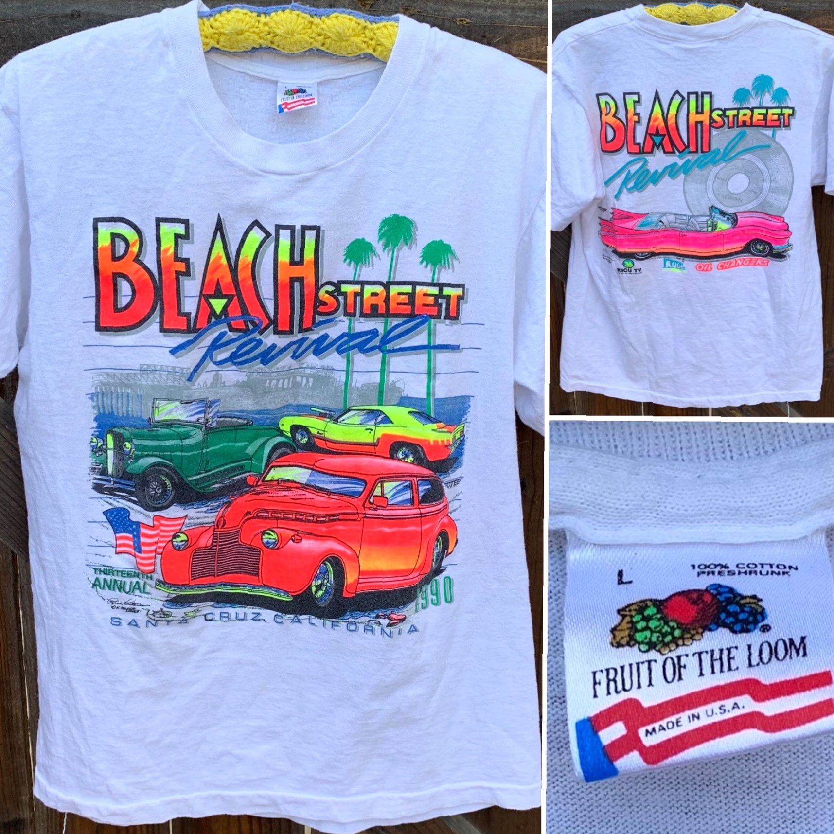 Fruit Of The Loom VINTAGE Beach Street Revival 1990 Santa Cruz T-Shirt neon graphics Classic Cars Shirt Unisex L White 1990s Graphics Tee Girls/Mens? Size US L / EU 52-54 / 3 - 2 Thumbnail