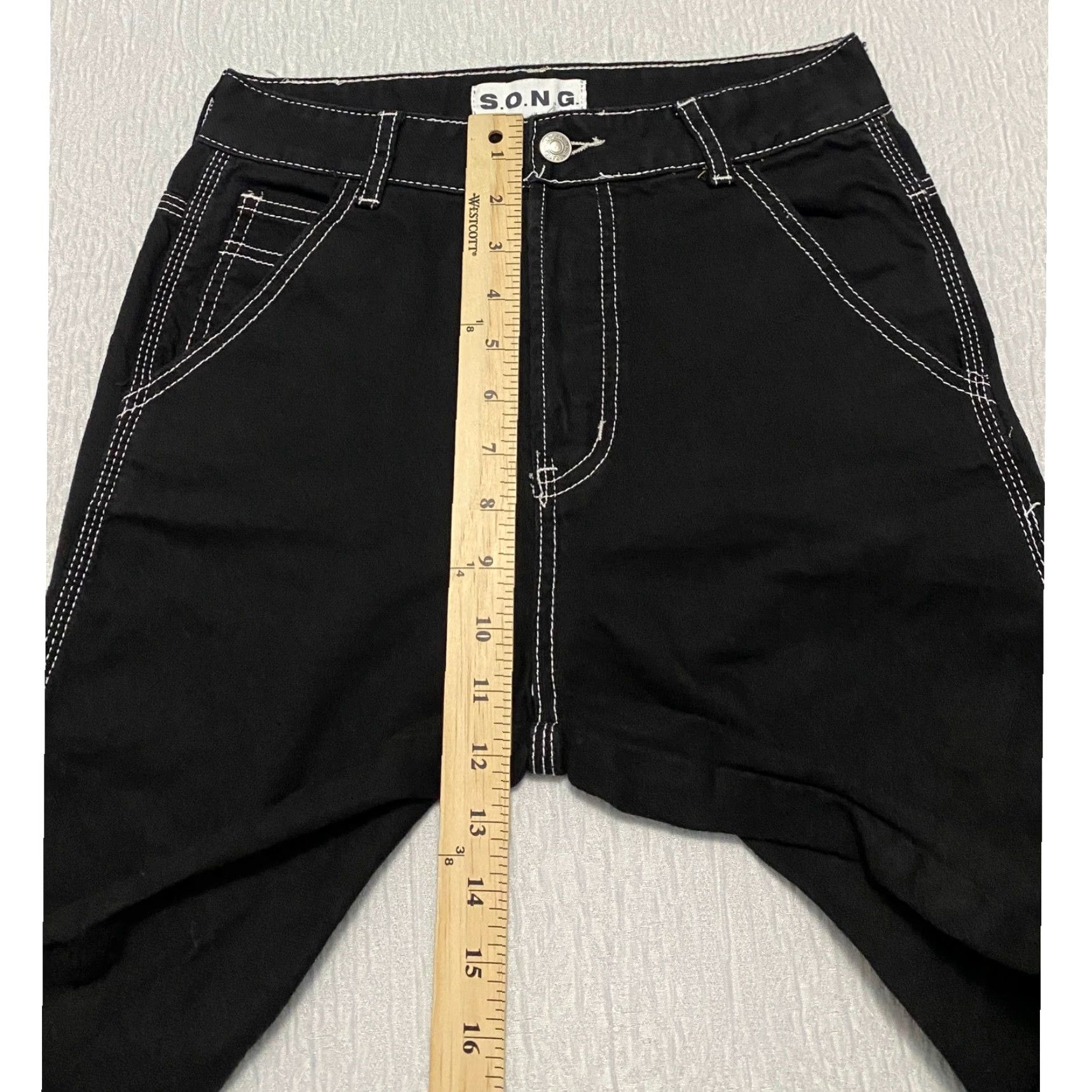 Vintage SONG Black Wide Leg Carpenter Jeans Contrast Stitching 100% Cotton 25 in Inseam Button Fly Women Clothes Size 25" / US 0 / IT 36 - 7 Thumbnail
