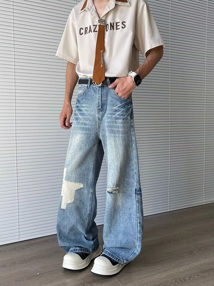 Japanese Brand American hip-hop straight leg lightning wash ripped jeans Size US 32 / EU 48 - 1 Thumbnail