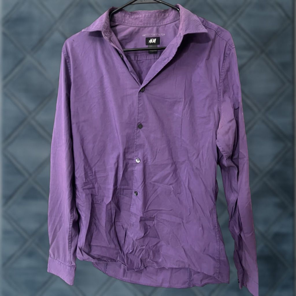 H&M H&M Button-Up Long-Sleeve Dress Shirt Purple Size Large - Men - Fine Stretch Easy-Iron - Slim - Classic - Button-Down Collar Size 42R - 1 Thumbnail