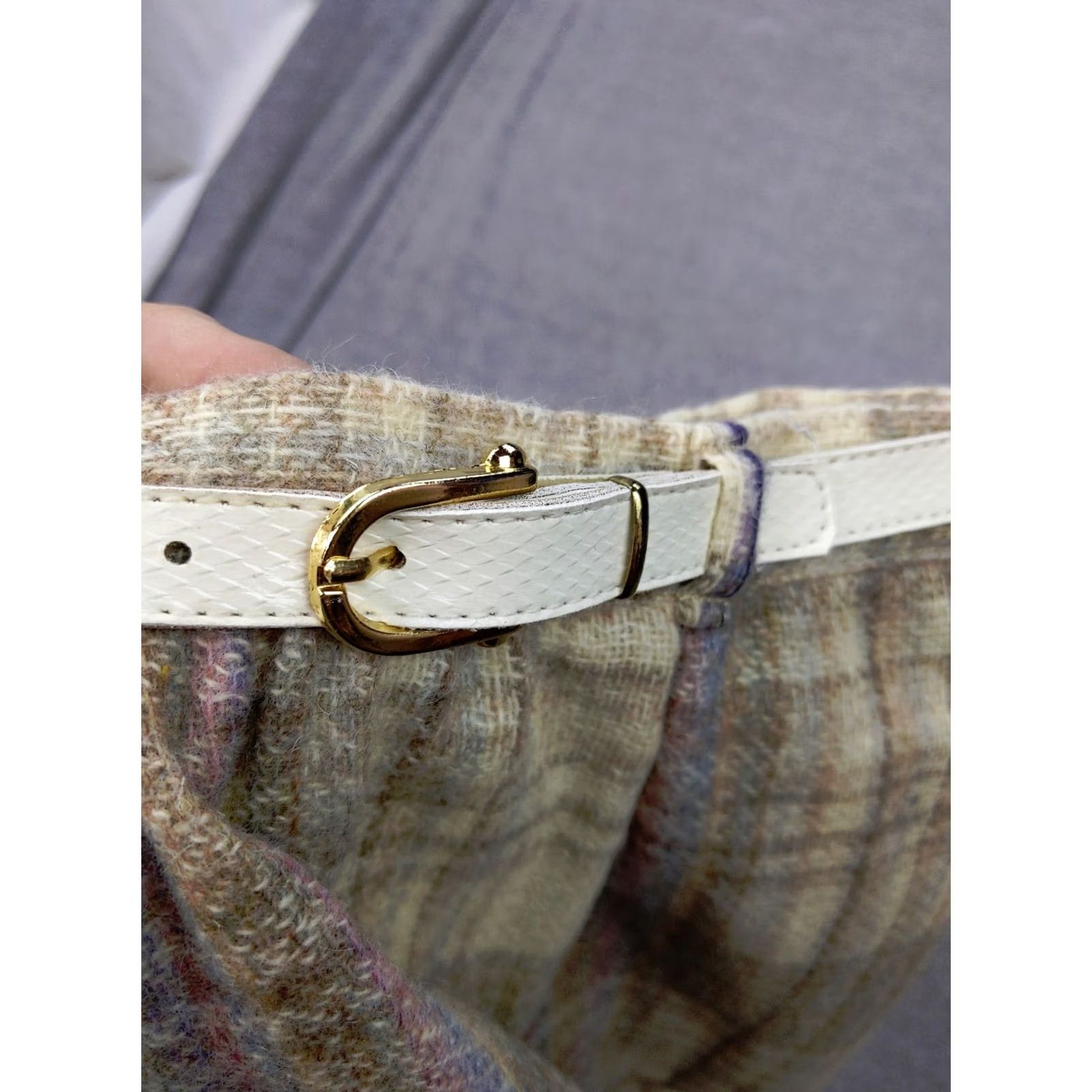 Mulberry VINTAGE Marilyn Togs Mulberry Street Women 14 Beige Plaid 100% Wool A-Line Belted Skirt Size ONE SIZE - 3 Thumbnail