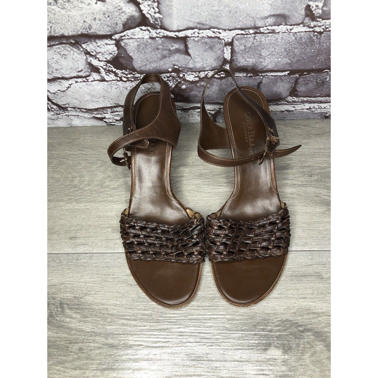 Cole Haan Cole Haan Brown Leather Woven Heel AnkleStrap Sandals Women Size US 7.5 / IT 37.5 - 14 Thumbnail