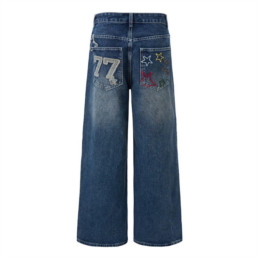 Japanese Brand Men's loose washed wide-leg pocket embroidered jeans Size US 32 / EU 48 - 6 Thumbnail