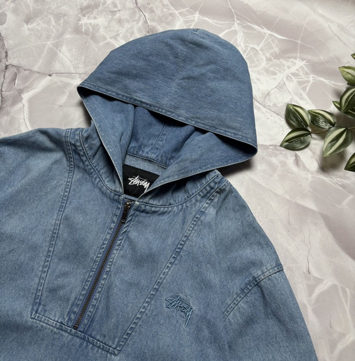 Stussy Stussy RARE Denim Hoodie Jacket Half Zip Mens Size XL Size US XL / EU 56 / 4 - 2 Thumbnail