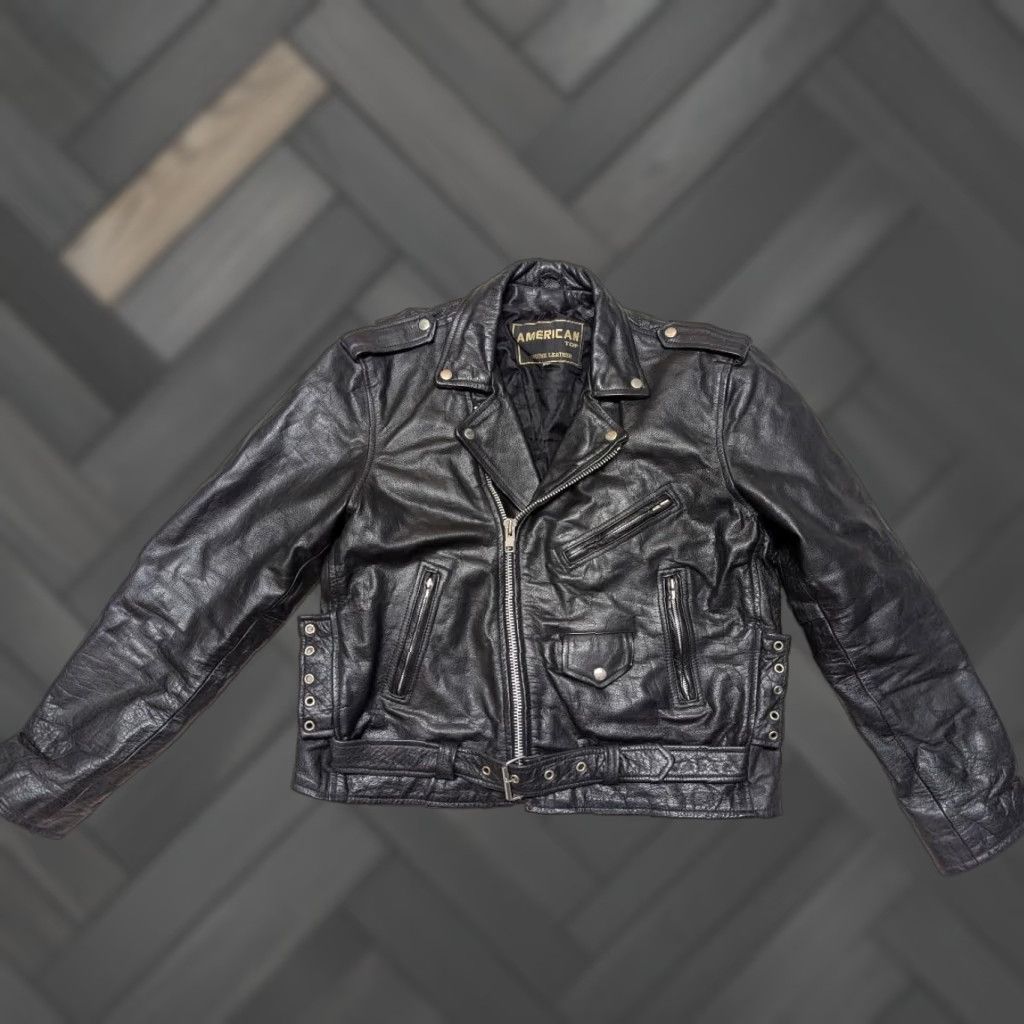 Vintage VINTAGE motorcycle jacket leather 44 black Mens L Biker Punk Harley cowhide leather jacket Size US L / EU 52-54 / 3 - 1 Thumbnail