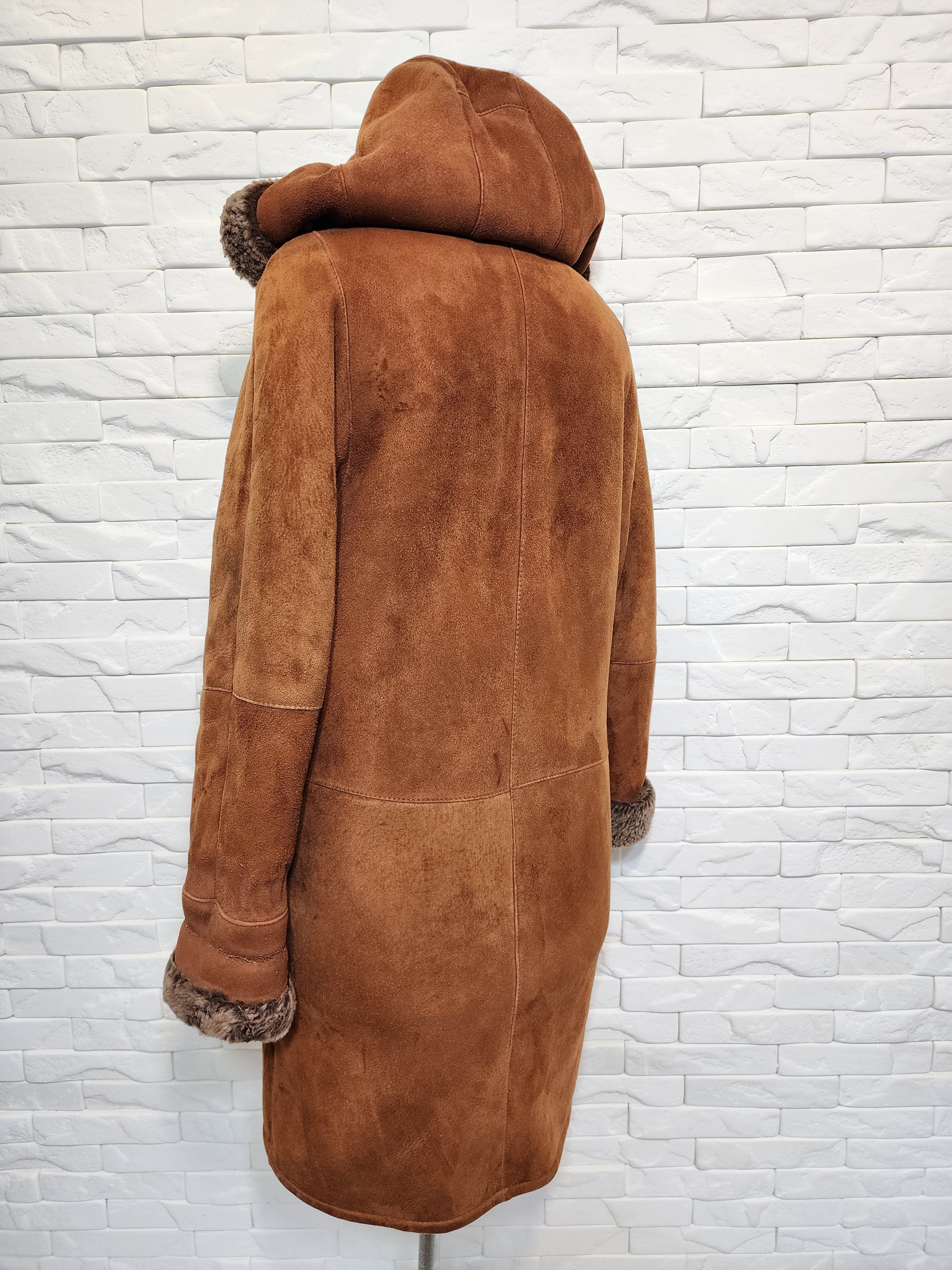 Genuine Leather Women's Brown Sheepskin Coat: Genuine Fur Hood Size L / US 10 / IT 46 - 6 Thumbnail