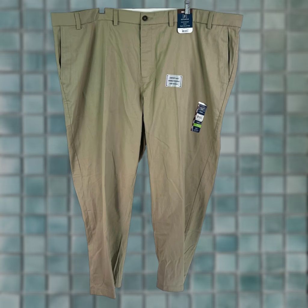 George Beige George Pants Khakis Mens 52 32 Stretch Cotton Canvas Button Zip Flat Front Straight 5-Pocket Size US 36 / EU 52 - 1 Thumbnail