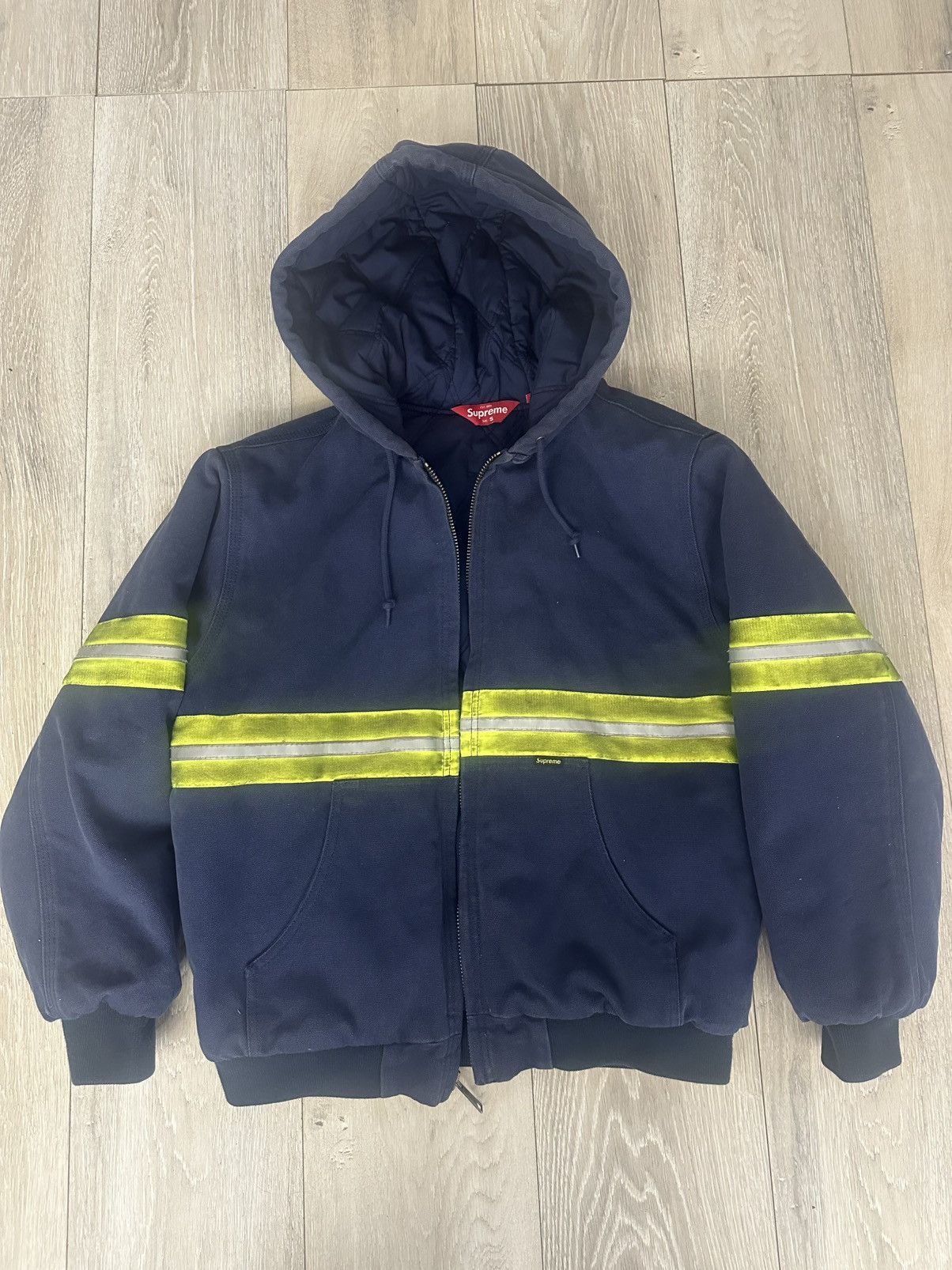 Supreme Supreme Reflective stripe hooded work jacket “navy” | Grailed