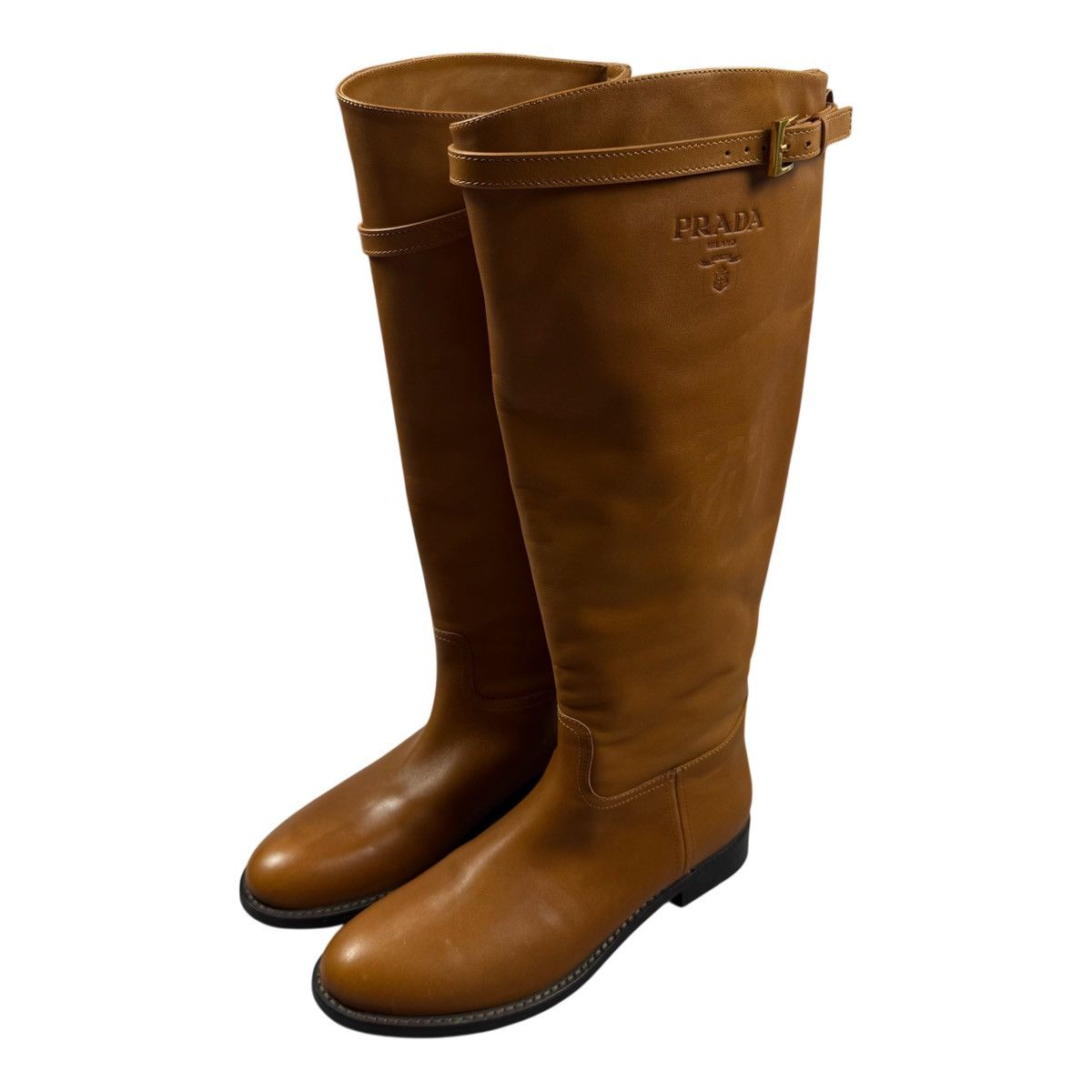 Prada PRADA Camel Leather Logo Belted Knee-High Riding Boots Size US 9 / IT 39 - 1 Thumbnail