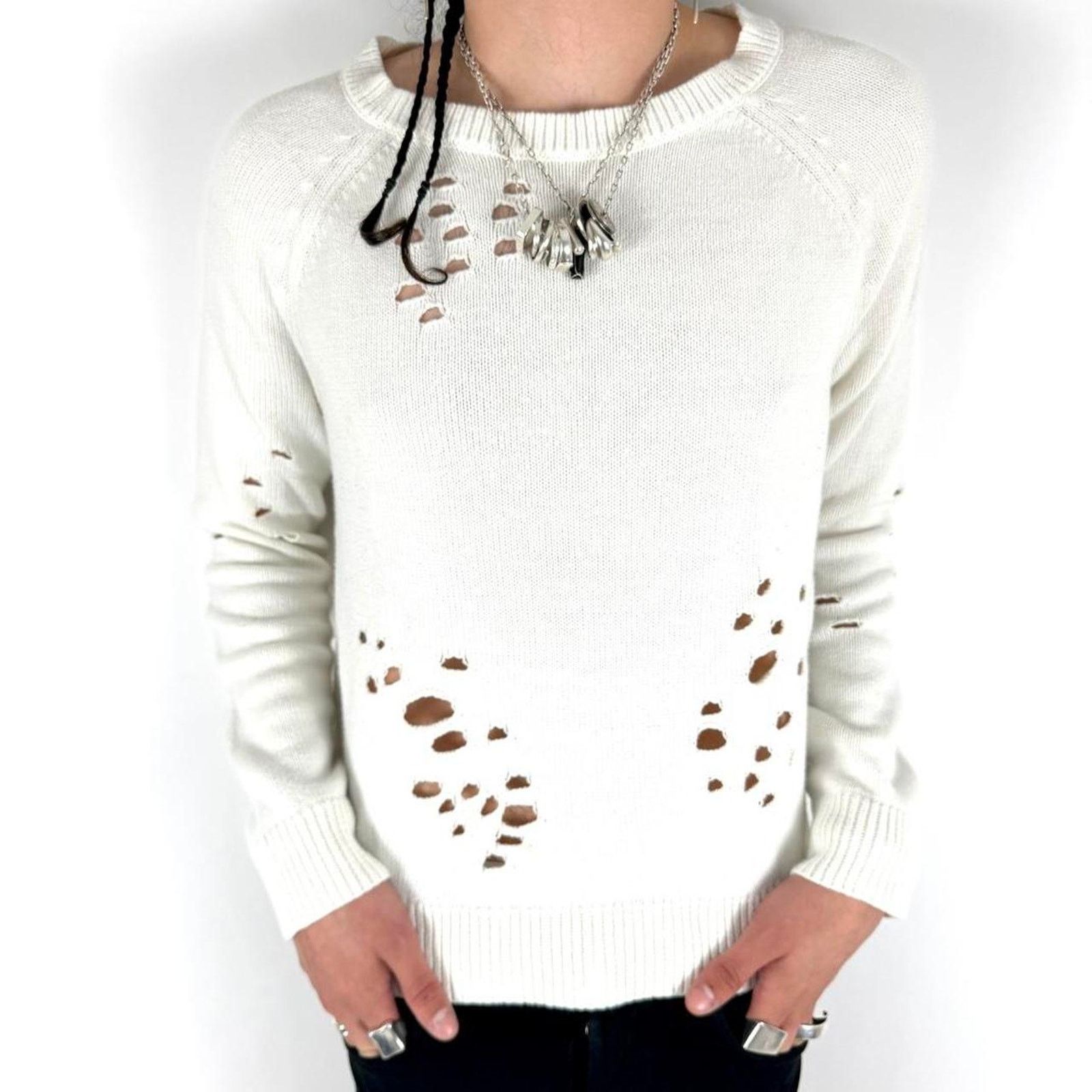 Vintage y2k grunge archive white zippered thrashed sweater