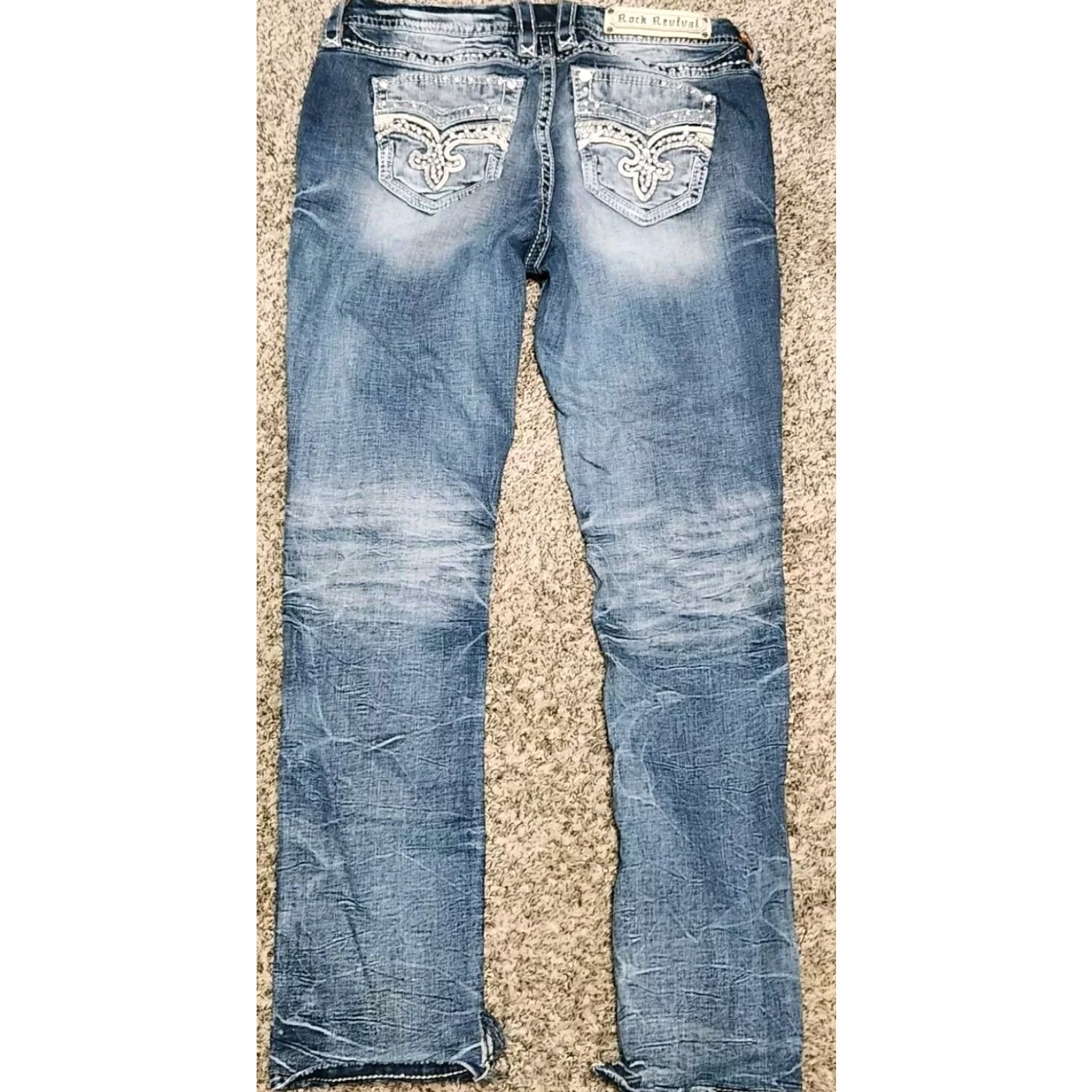 Vintage Rock Revival Jeans Straight Womens Size 30x28 Denim Bling Rhinestone 5-Pocket Blue Medium Wash Fall Winter Size 30" / US 8 / IT 44 - 3 Thumbnail
