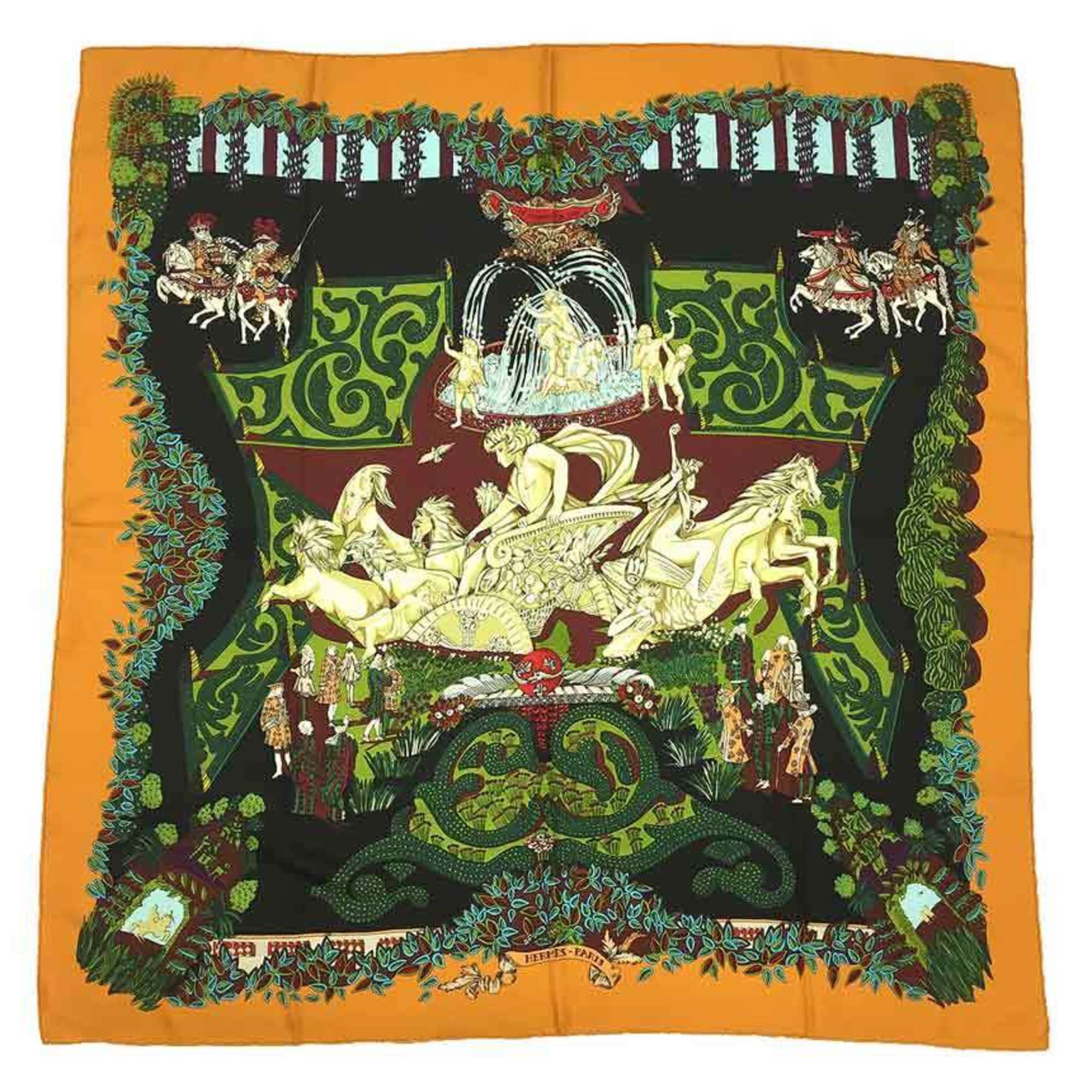 Hermes HERMES scarf/muffler, Carre 90, 100% silk, LE PARADIS DU ROY (The King's Paradise), black x yellow-orange. Hermes silk scarf. Size ONE SIZE - 1 Thumbnail
