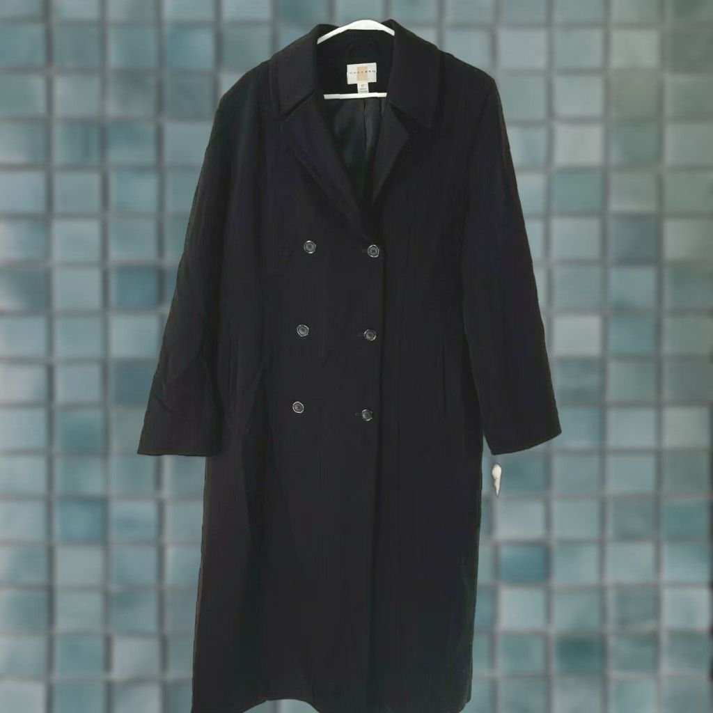 Rains Gallery Coat Women Long Black Pea Coat 12 Button Front Classic Fall Winter 50" 100% Polyester Size XL / US 12-14 / IT 48-50 - 1 Thumbnail