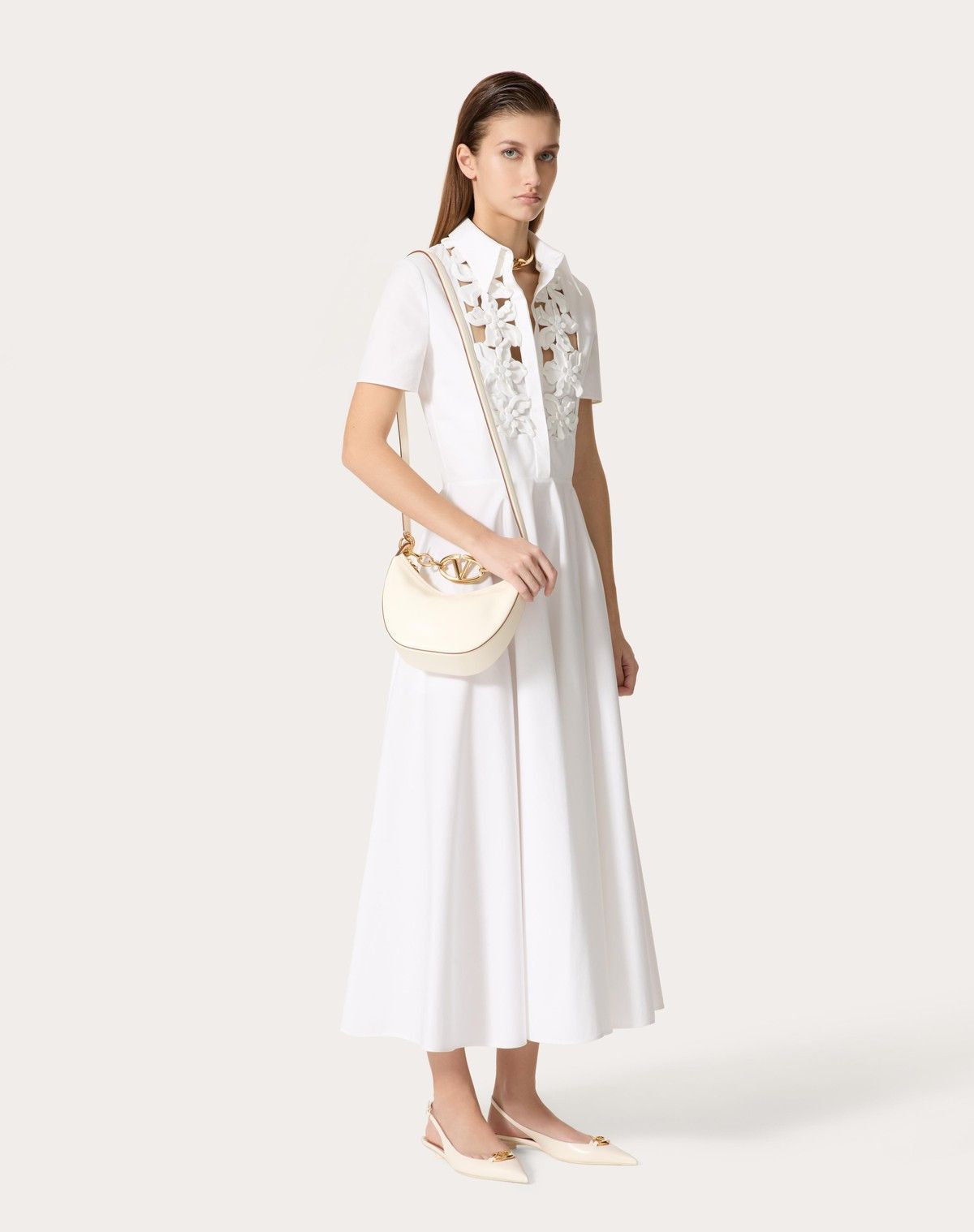 Valentino o1s1wg110525 Embroidered Compact Popline Midi Dress in White Size XS / US 0-2 / IT 36-38 - 3 Thumbnail