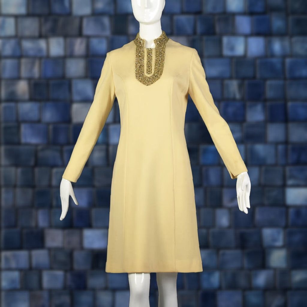VINTAGE Abella M Cream Dress 1970s Long Sleeve Gold Rhinestone Neck Trim Cocktail Party 70s VTG Women's Medium White