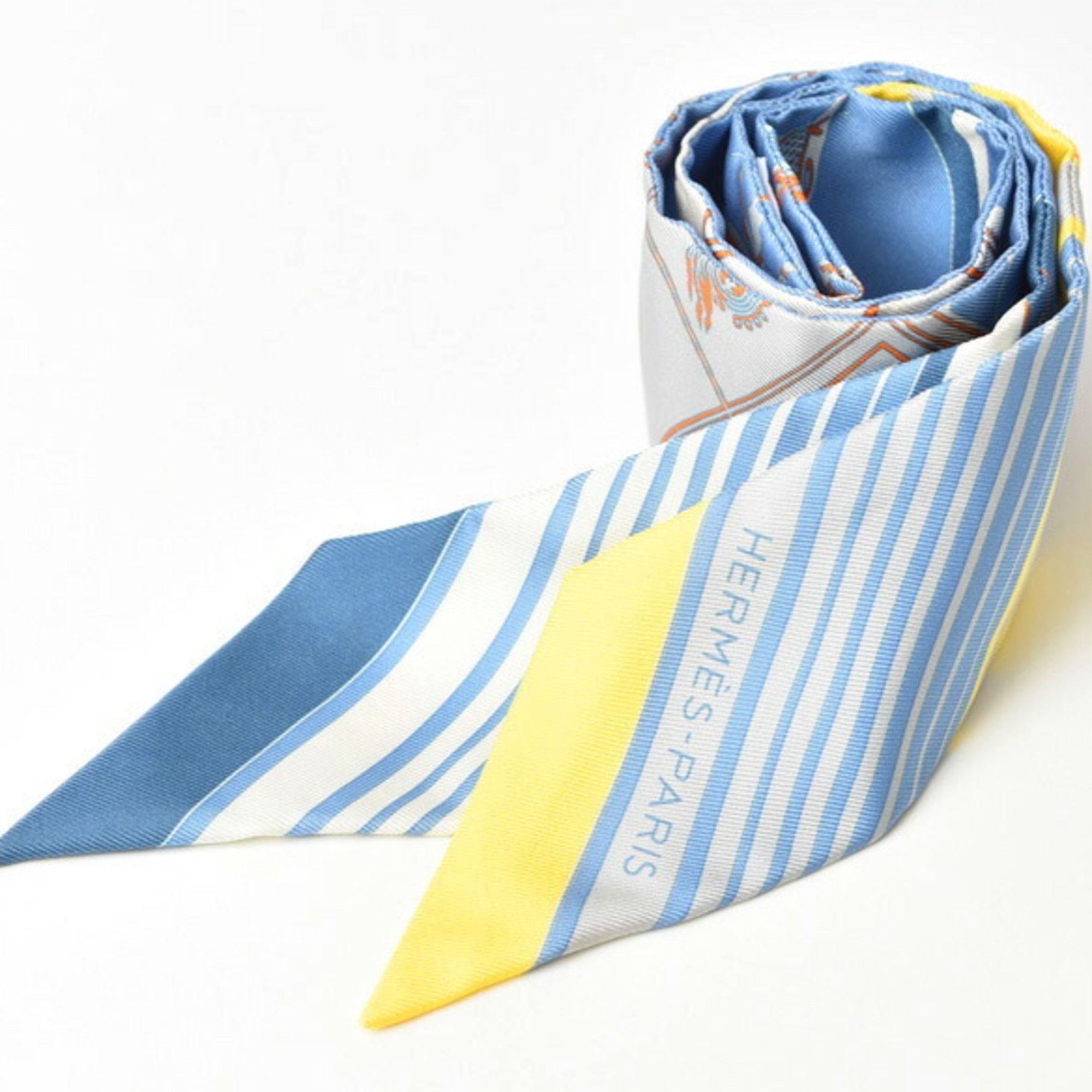 image of Hermes Twilly Scarf Muffler Hermes Silk Twill Carriage Motif Light Blue Yellow, Women's