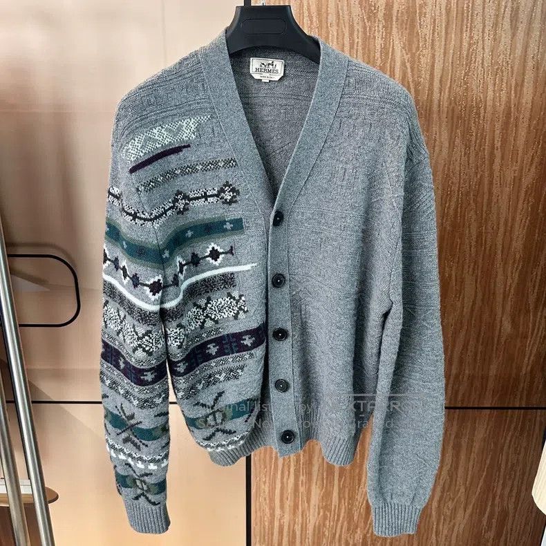 Hermes Hermes Gray Jacquard Embroidered Wool Knit Cardigan Jacket Size XL / US 12-14 / IT 48-50 - 1 Thumbnail