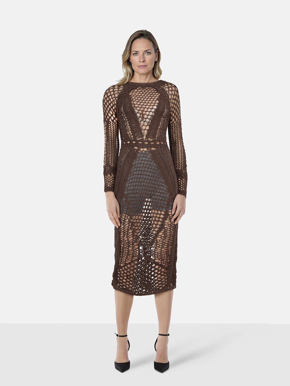 balmain crochet dress Brown Long Sleeve SIZE:22W Black and white BCBG Style:AP1E212791 Fashion comfortable fit Openwork crochet