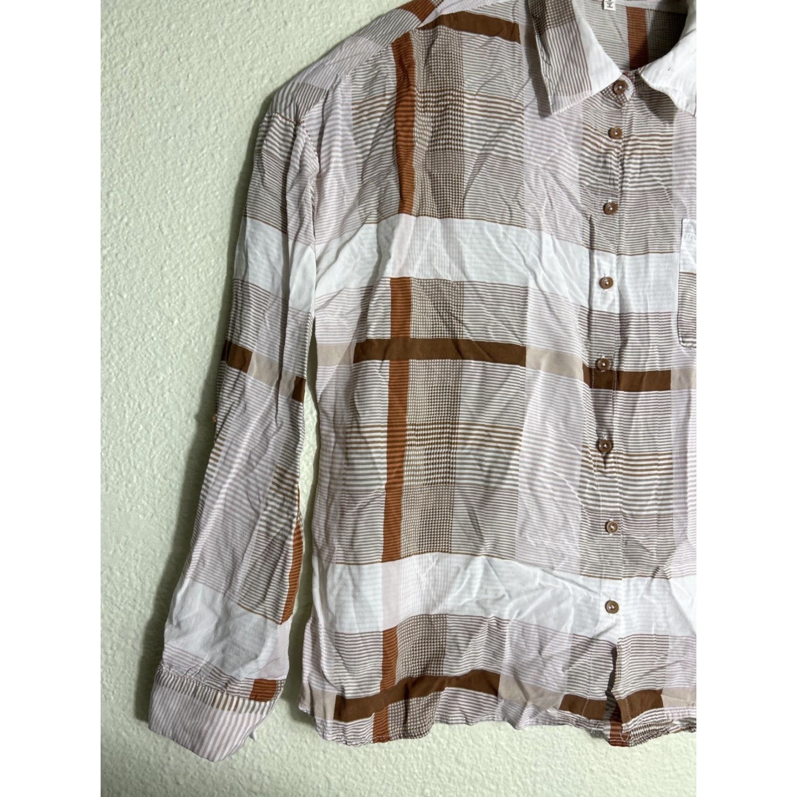 BKE BKE Buckle Females Long Sleeve Button-Up Top Striped Brown White Rayon L Womens Shirt Size L / US 10 / IT 46 - 2 Thumbnail