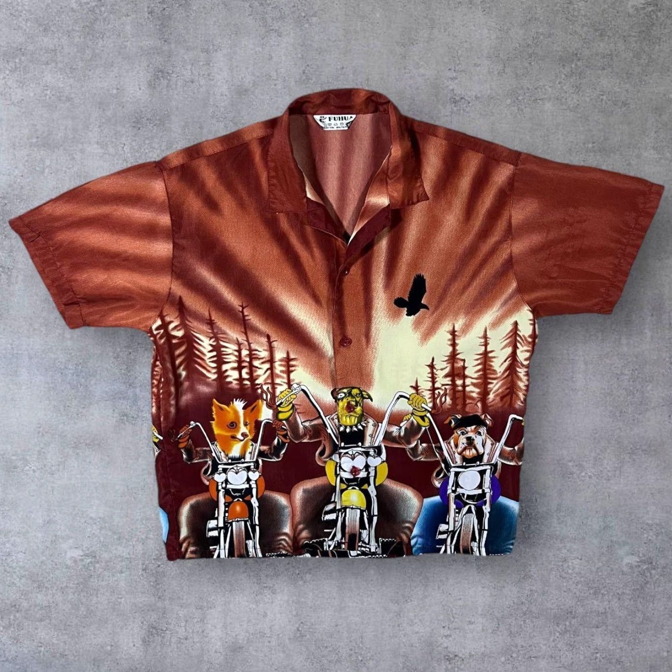 Vintage Fuhua Early 00's Y2K Goth Dog Biker Graphic Red Open Collar Shirt Women's 6 blouse Size M / US 6-8 / IT 42-44 - 2 Thumbnail